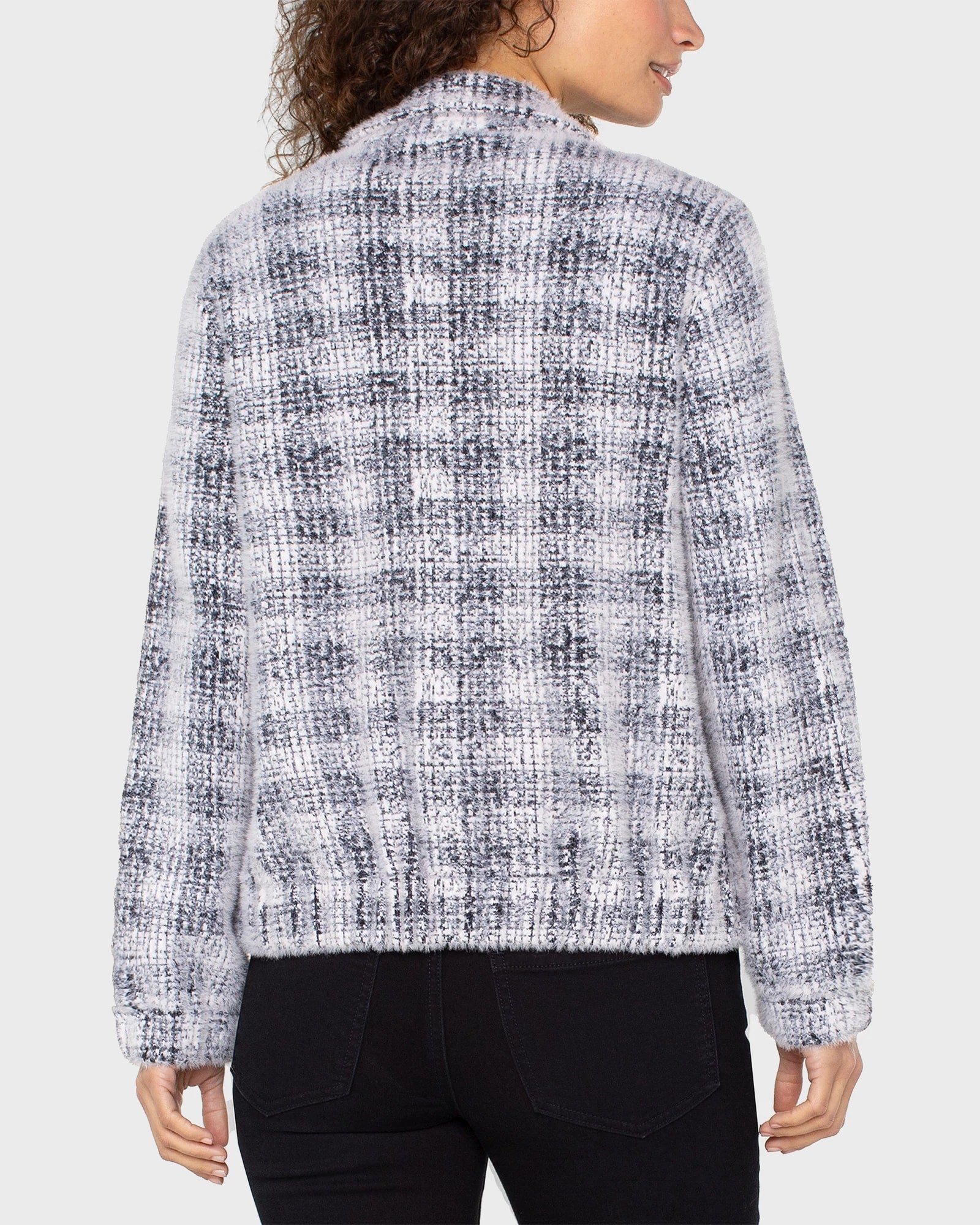 Grey/White Plaid $|& Liverpool Eyelash Bomber Sweater Jacket - Hanger Side