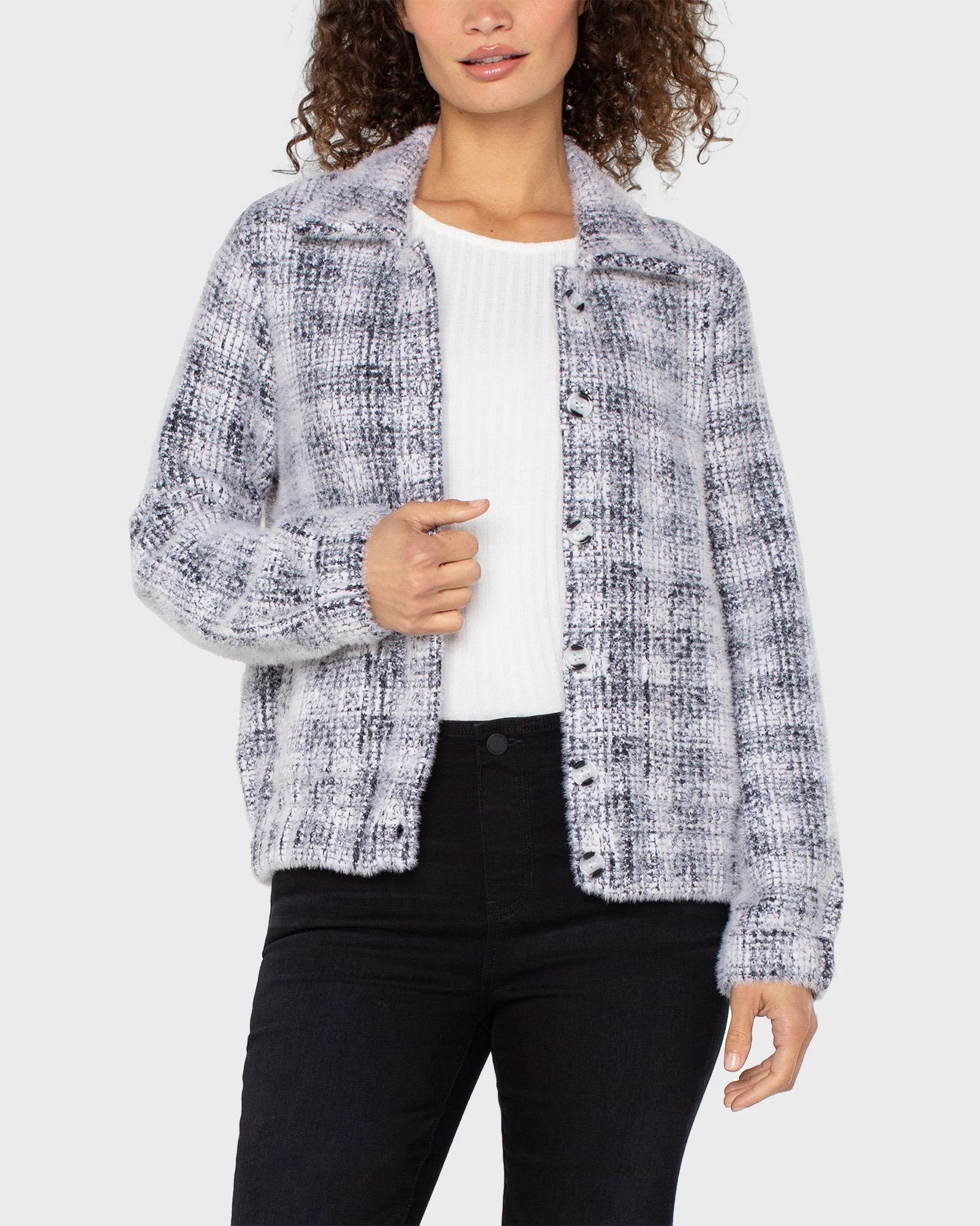 Grey/White Plaid $|& Liverpool Eyelash Bomber Sweater Jacket - VOF Detail