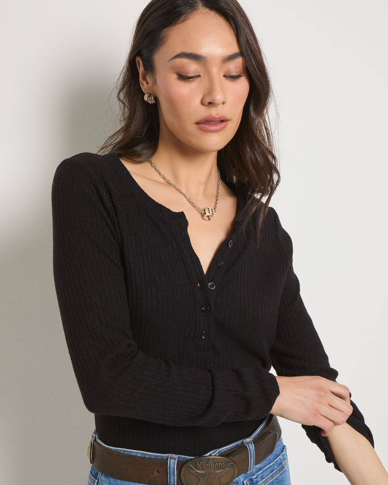 Black $|& SEAS Autumn Long Sleeve Henley - SOF Full Front