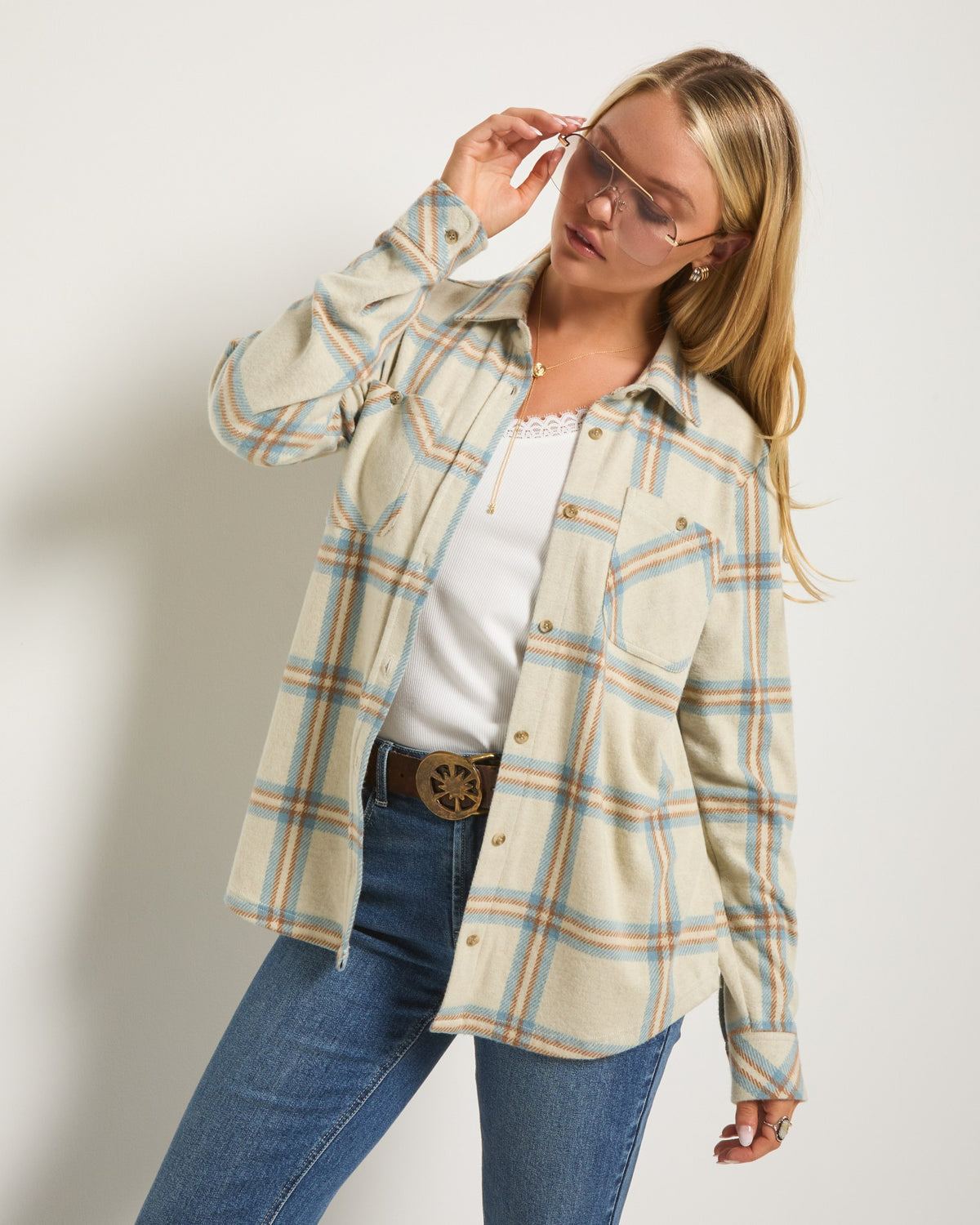 Country Blue/Cream Plaid $|& SEAS Sunset Plaid Knit Top - SOF Front