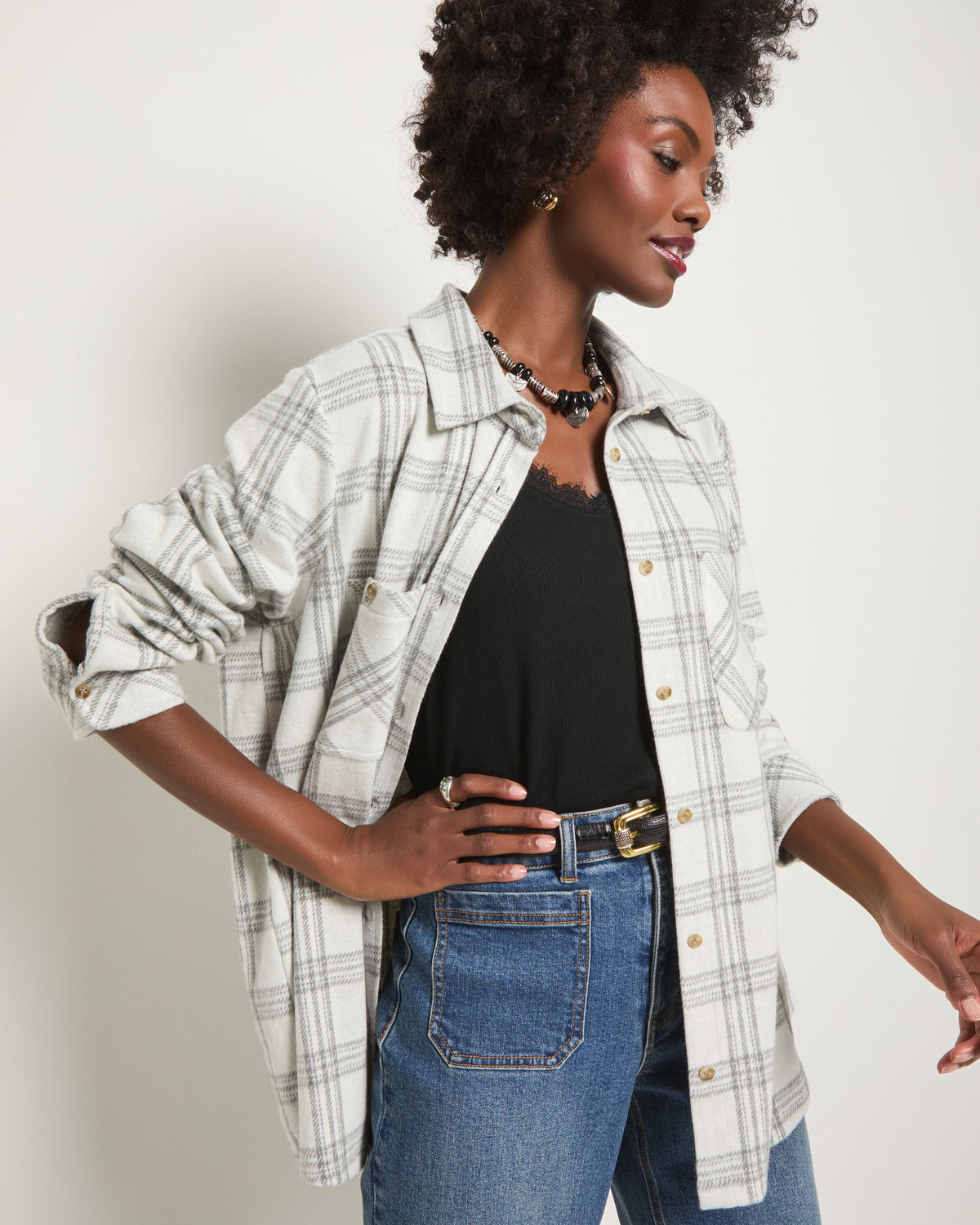 Stone Plaid $|& SEAS Sunset Plaid Knit Top - SOF Front