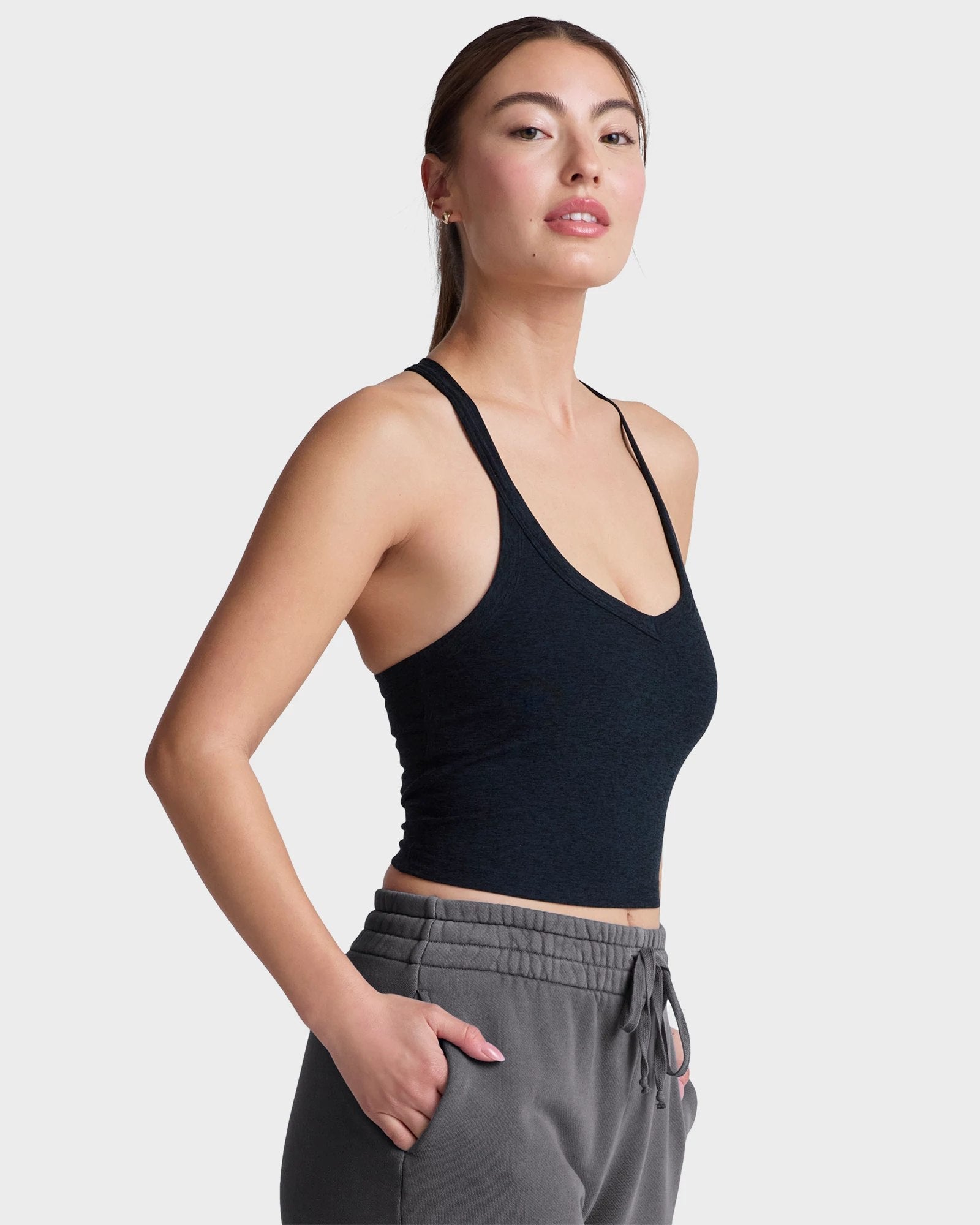Darkest Night $|& Beyond Yoga Spacedye On The Up Cropped Tank - Hanger Front