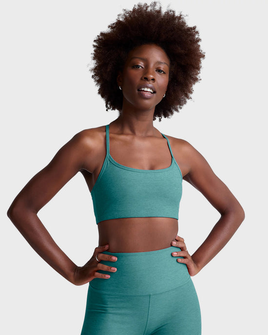 Deep Aqua Heather $|& Beyond Yoga Spacedye Slim Racerback Bra - VOF Detail