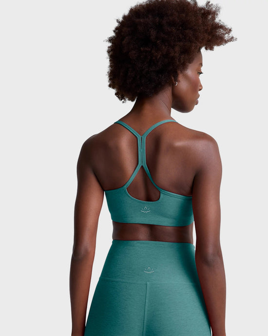 Deep Aqua Heather $|& Beyond Yoga Spacedye Slim Racerback Bra - Hanger Side