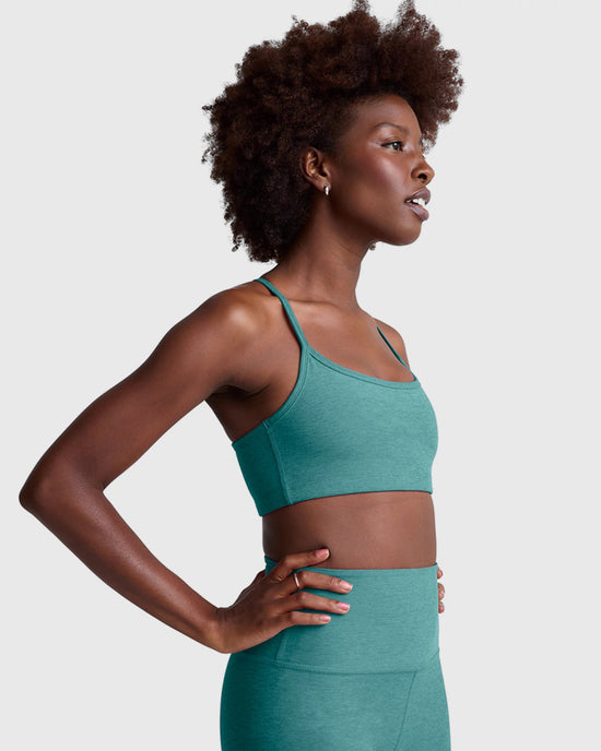 Deep Aqua Heather $|& Beyond Yoga Spacedye Slim Racerback Bra - Hanger Front