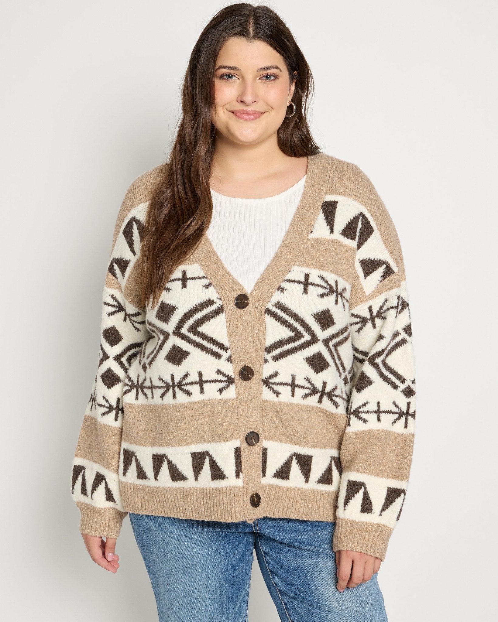 Taupe Mix/Cream $|& Bobeau Abstract Button Front Cardigan - SOF Front
