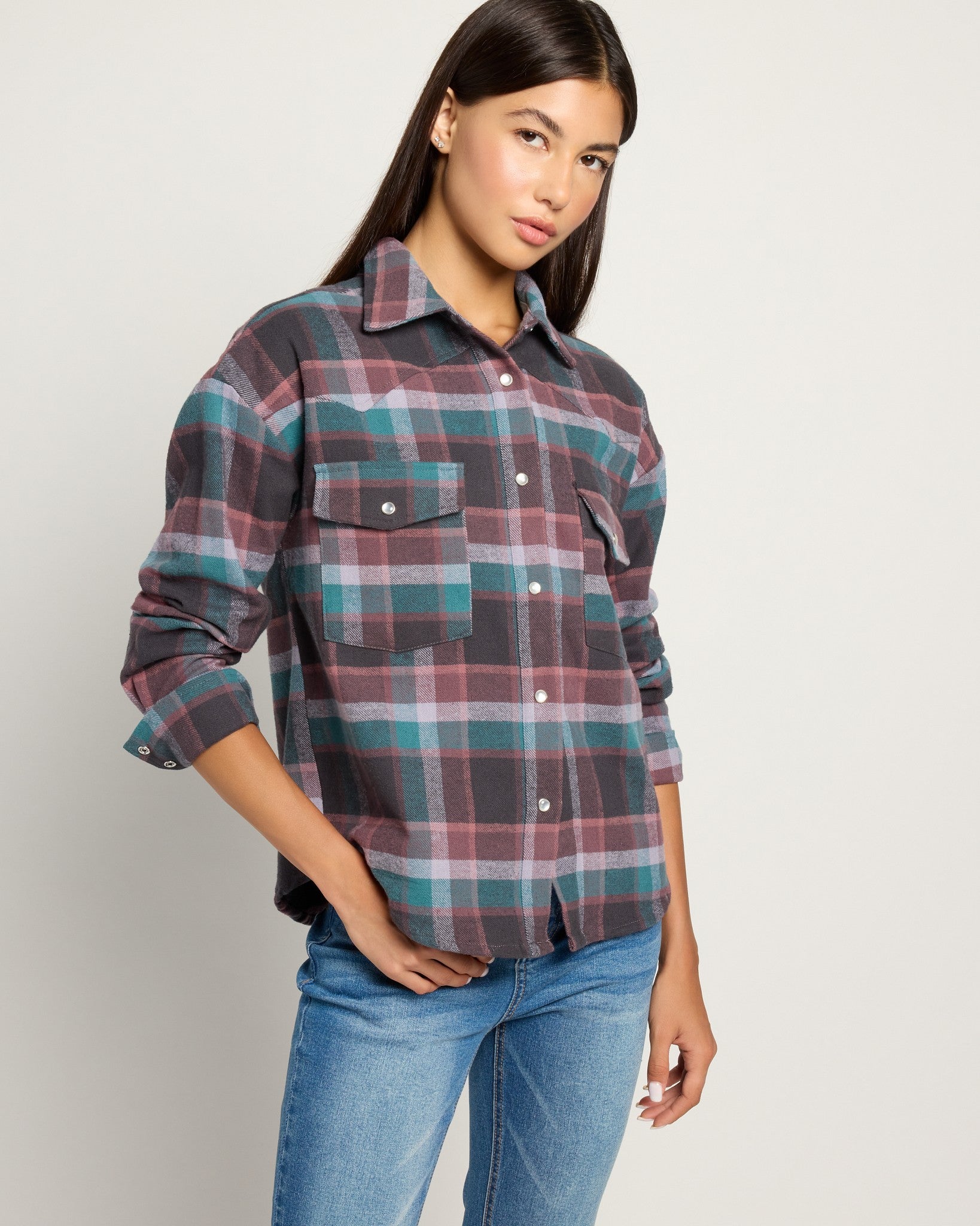 Slate Plaid $|& Herizon Opal Flannel Plaid Shirt - SOF Front