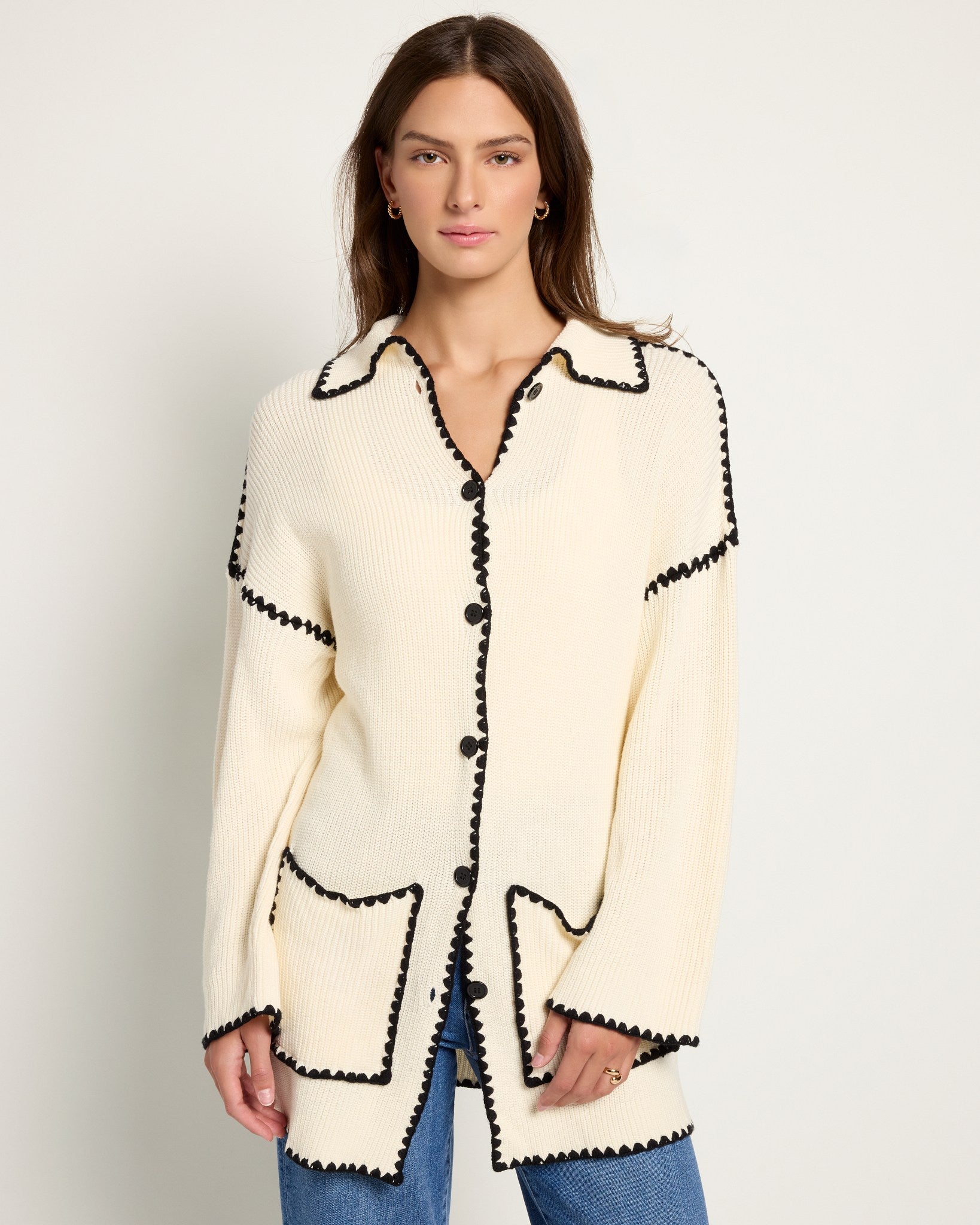 Cream/Black $|& Another Love Tarla Patch Pocket Cardigan - SOF Front
