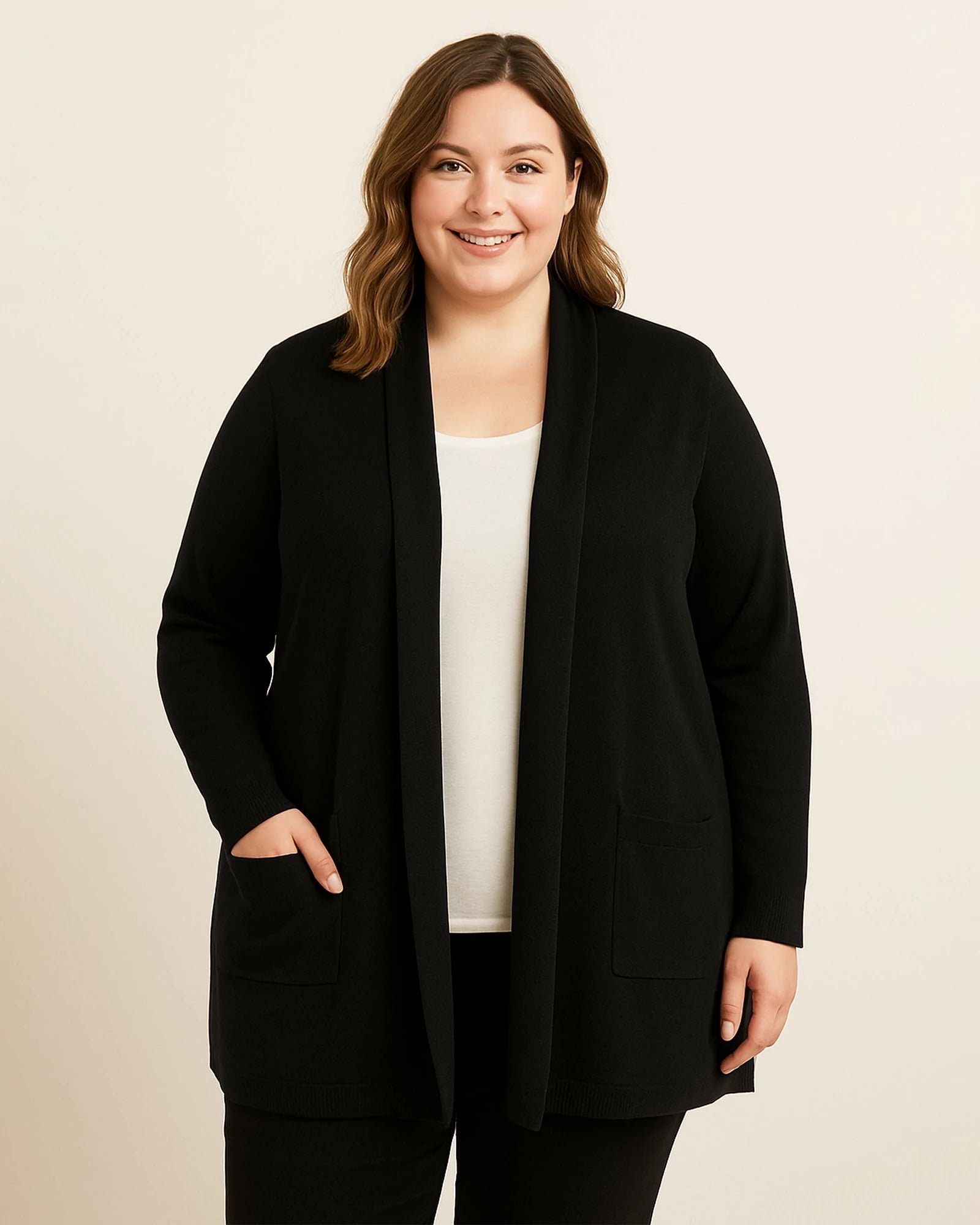 Black $|& Dreamers Open Long Line Cardigan withPockets - VOF Detail