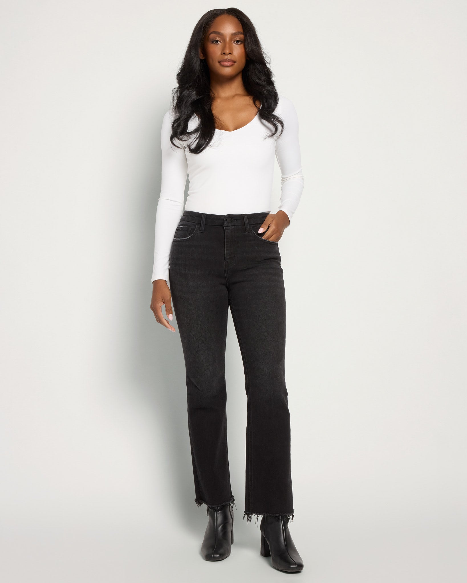 Black $|& Vervet Mid Rise Mini Ankle Flare Jeans - UGC On Fig