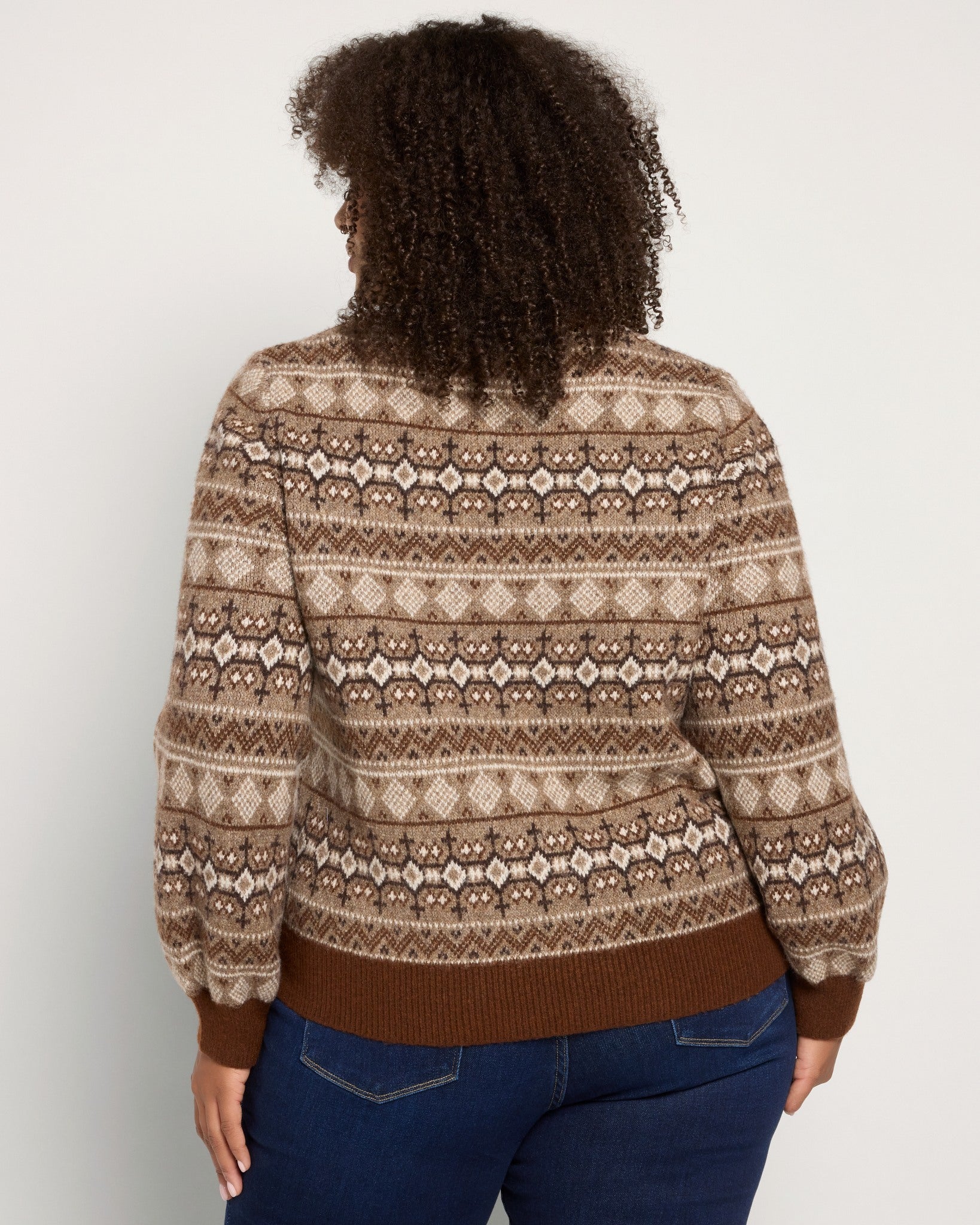 Brown Mix $|& Bobeau Balloon Sleeve Fair Isle Sweater - SOF Back