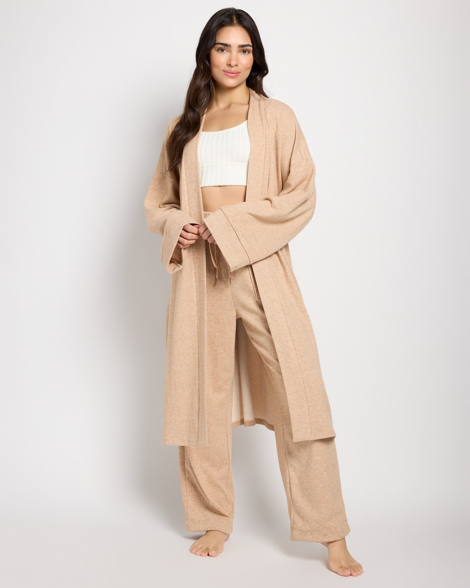 Heathered Taupe $|& Bobeau Jersey Short Robe - SOF Front