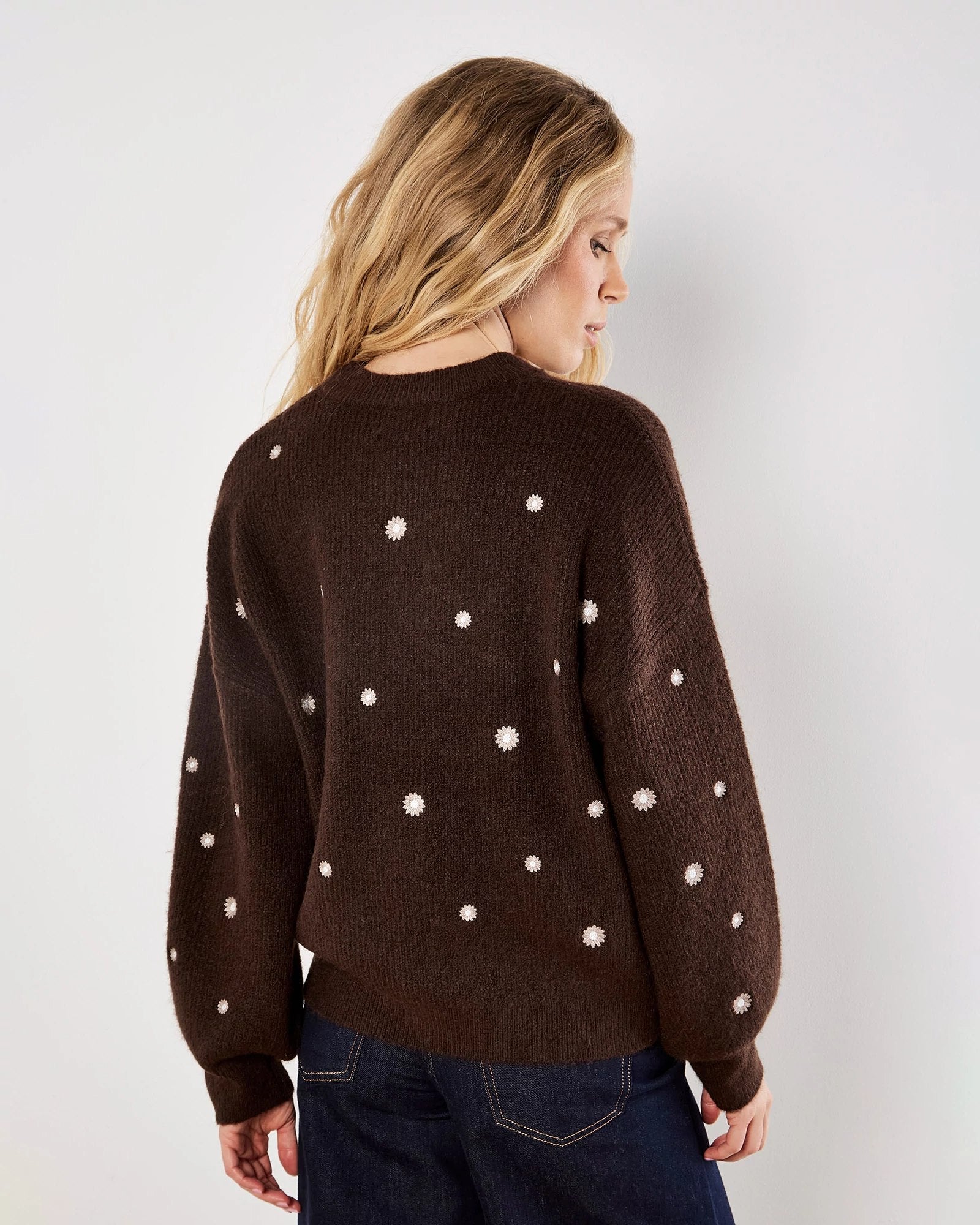 Brown $|& Apricot Daisy Embroidered Ribbed Sweater - Hanger Side