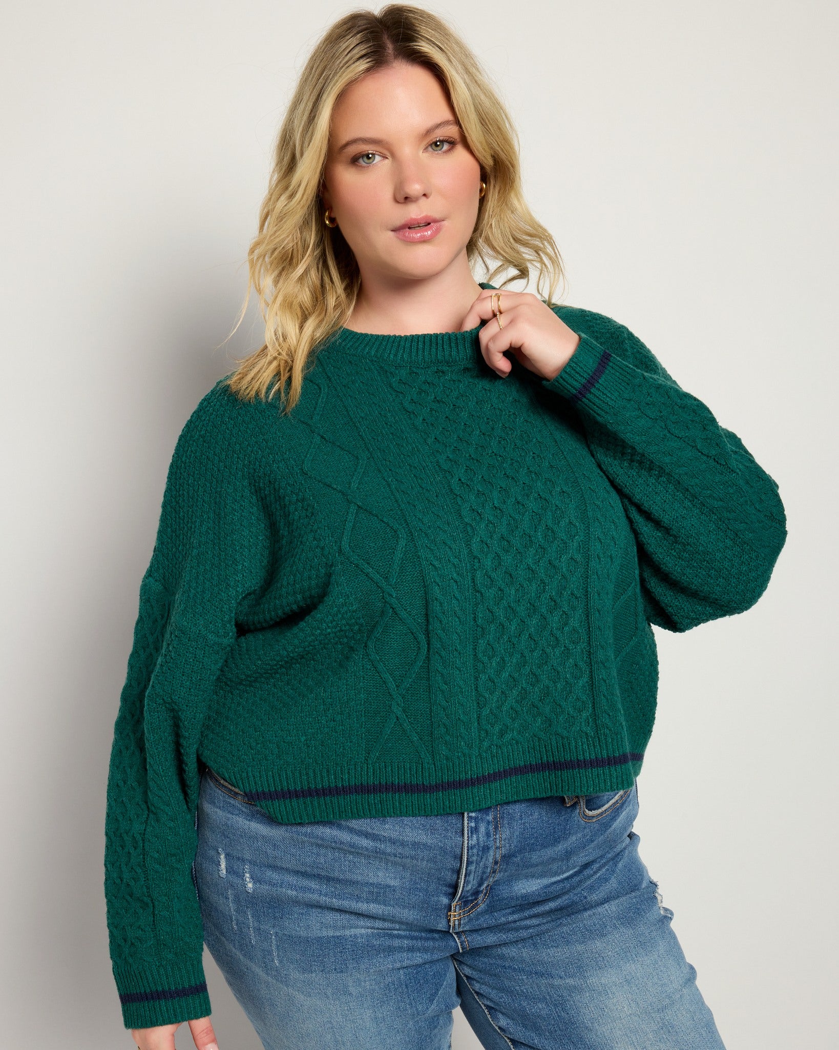 Dark Green $|& Cloud Ten Cableknit Pullover Crewneck Sweater - SOF Front
