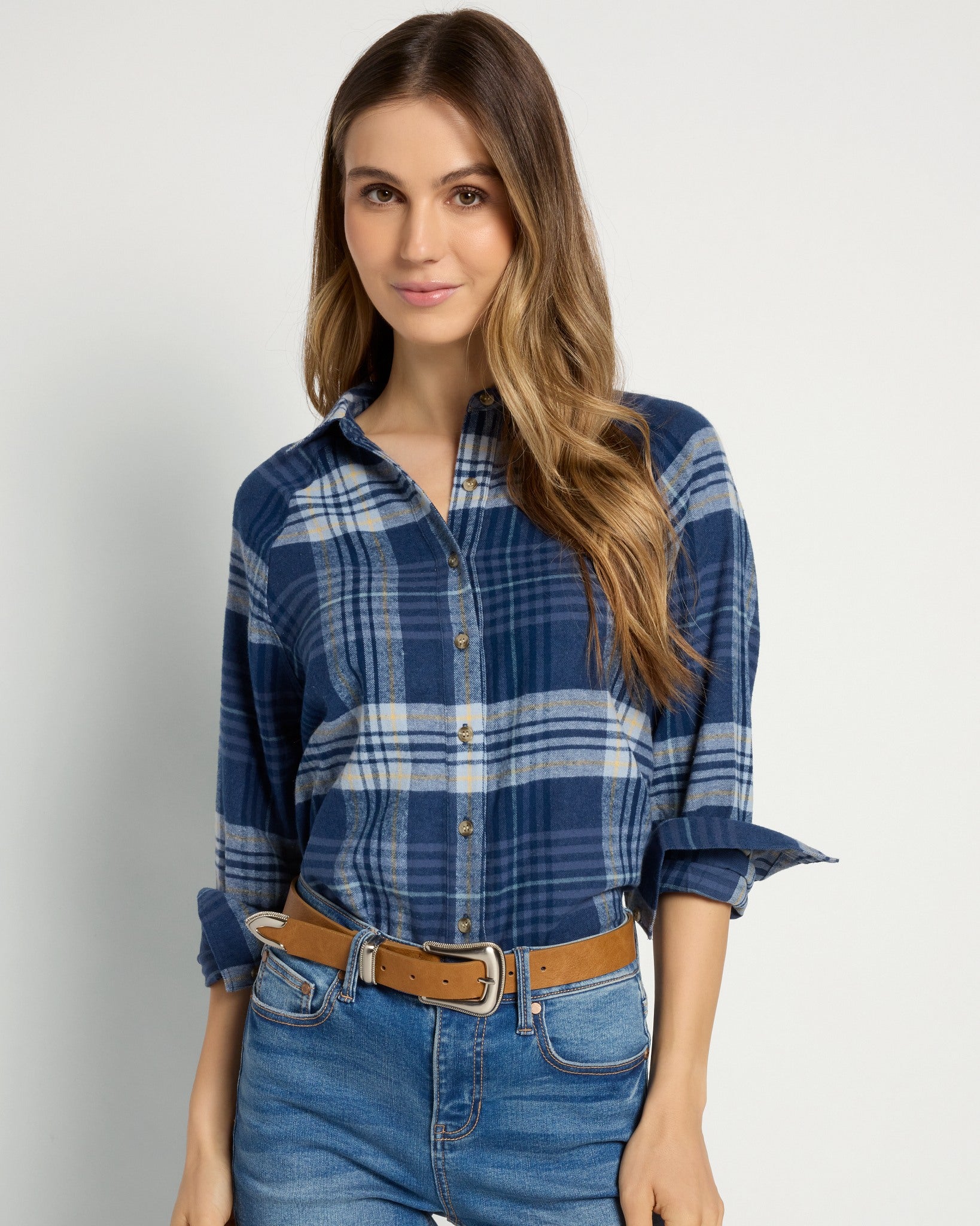 Indigo Haze Plaid $|& Herizon Willow Button Front Shirt - SOF Front