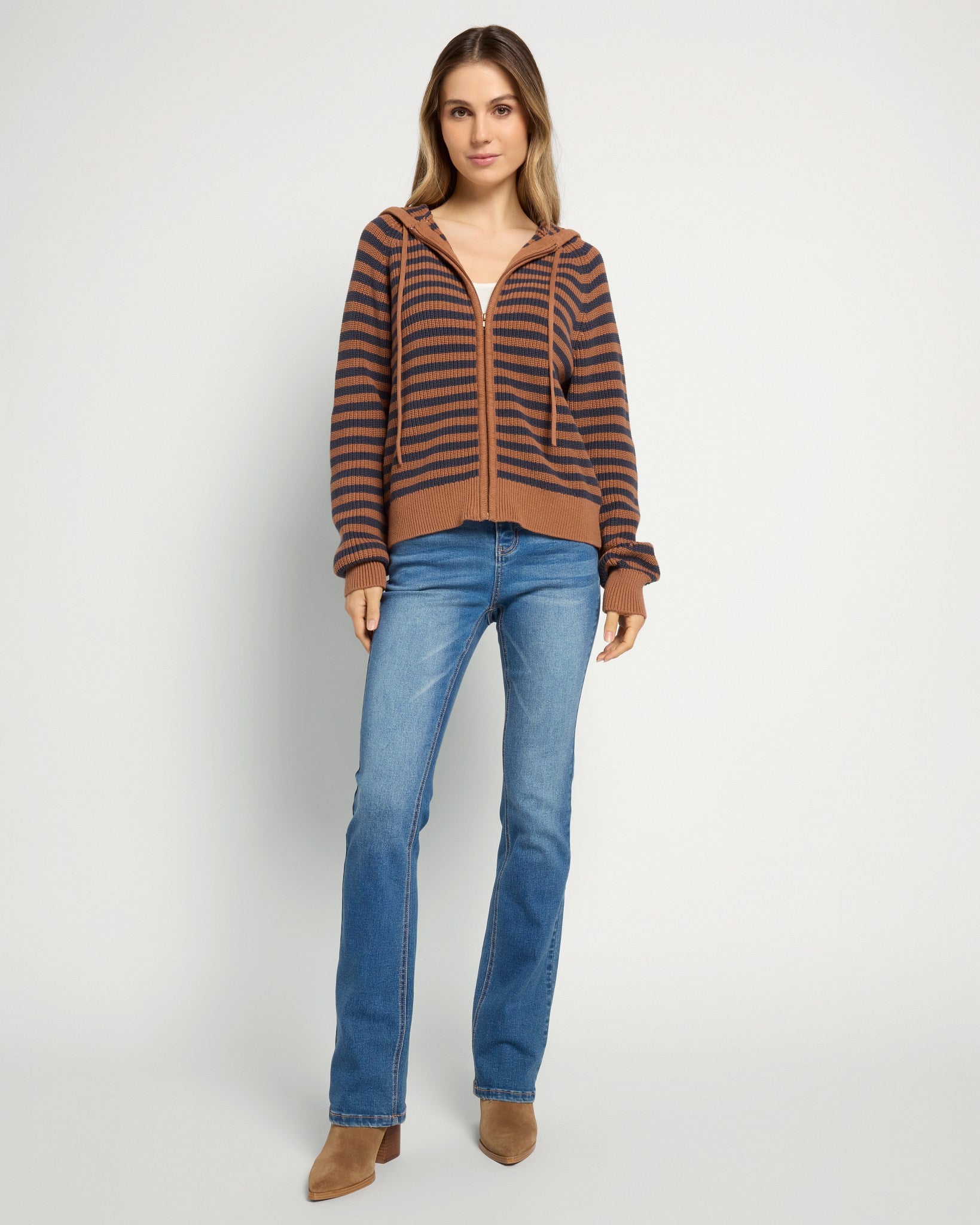 Caramel Stripe $|& Herizon Rosebud Zip Cardigan - UGC On Fig