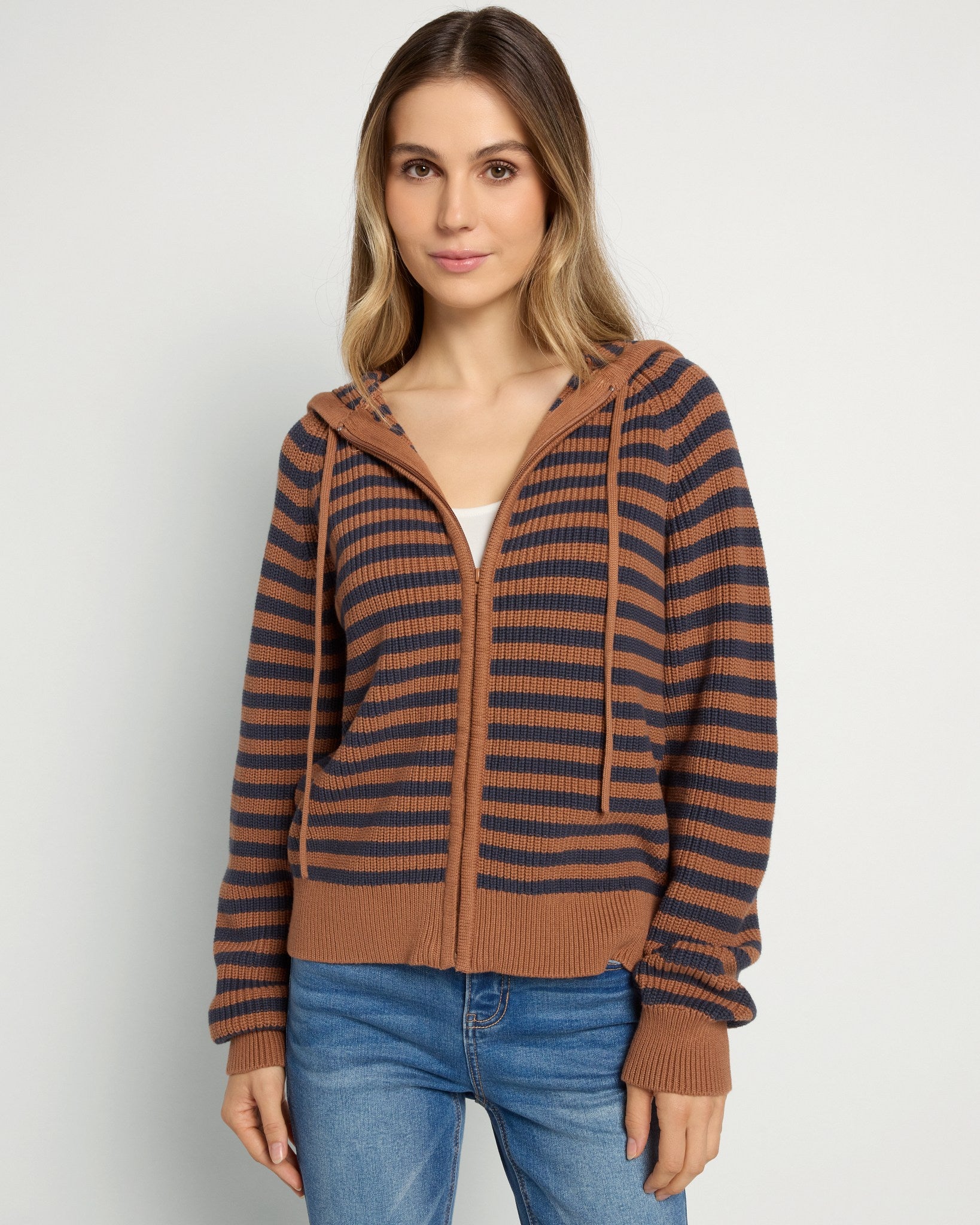 Caramel Stripe $|& Herizon Rosebud Zip Cardigan - SOF Front