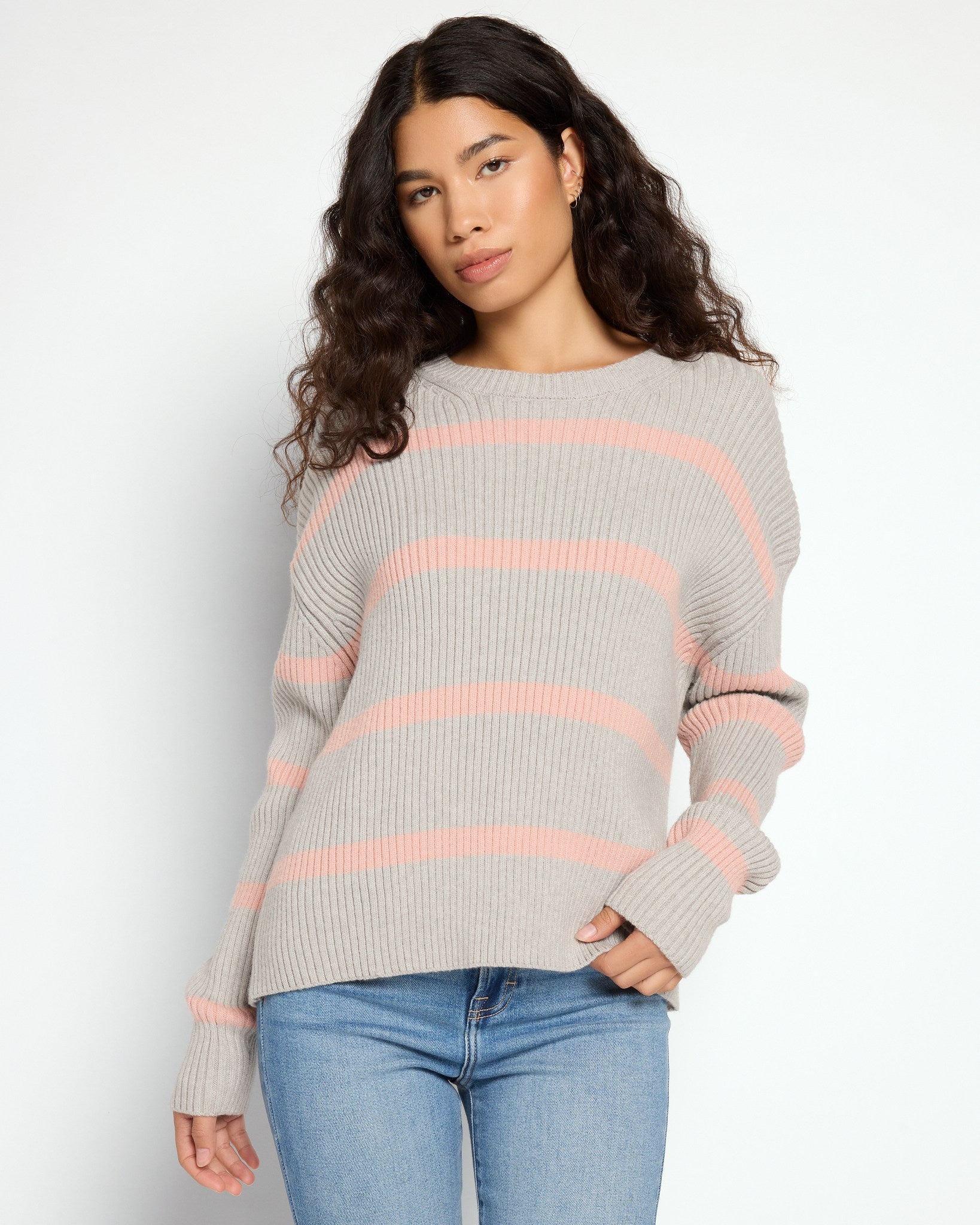 Grey Combo $|& Vigoss Striped Ribbed Tunic Sweater - SOF Front
