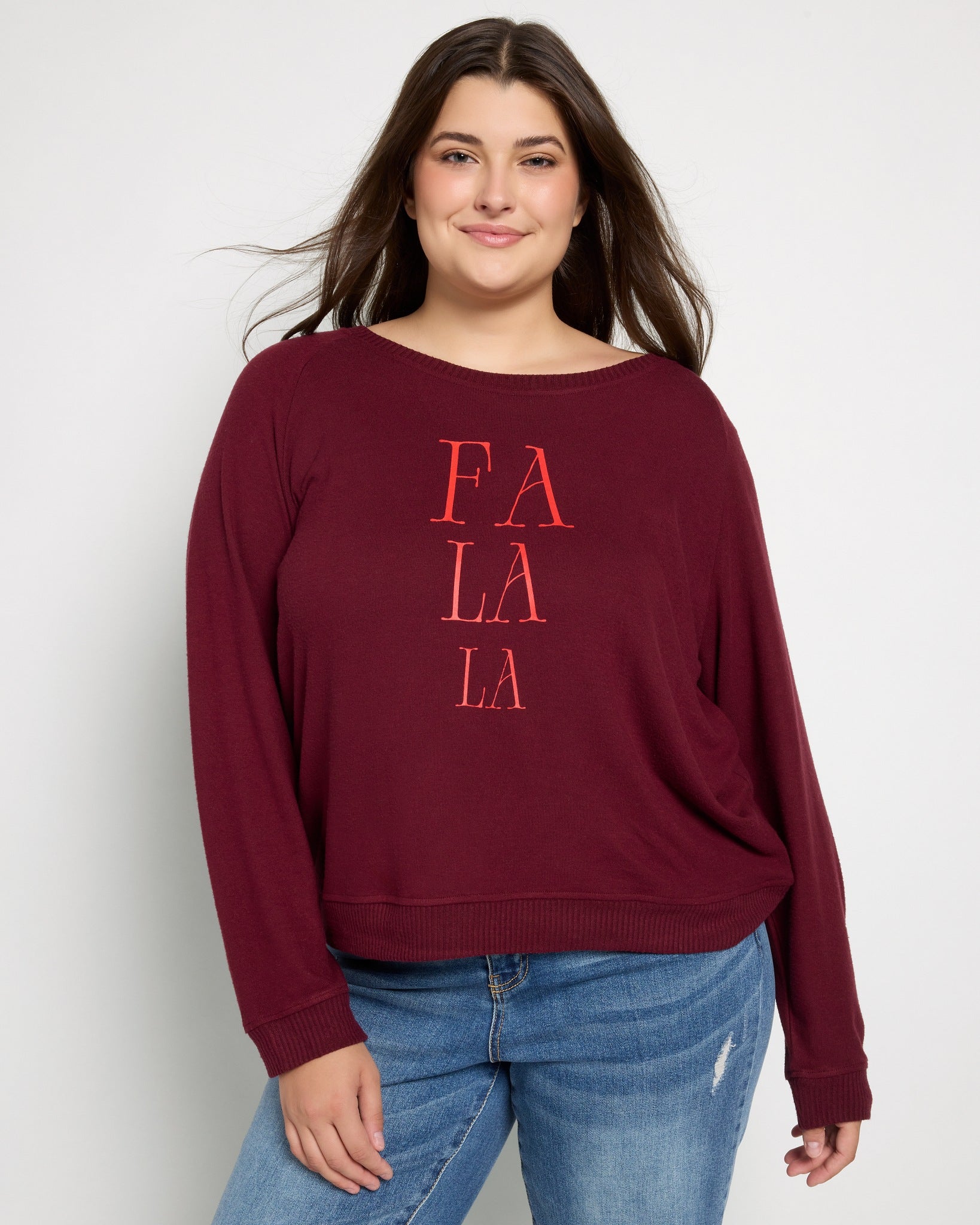 Black Cherry $|& SEAS Hacci Graphic "Fa La La" Crew - SOF Front