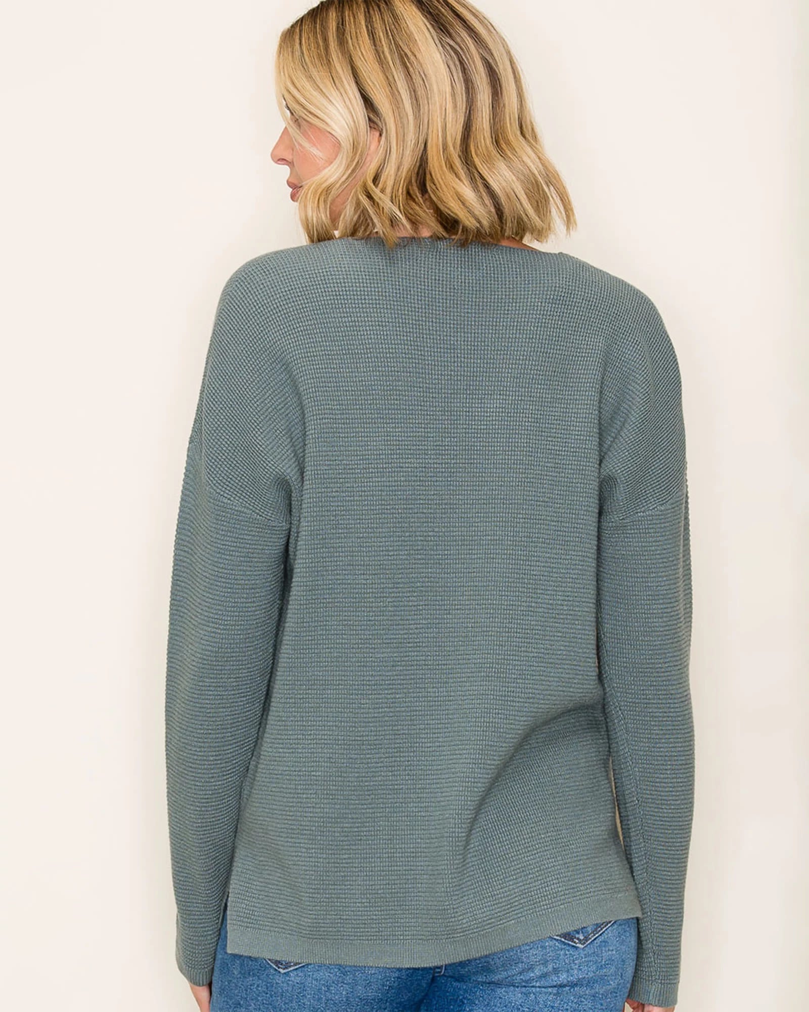 Dusty Jade $|& Staccato Mini Waffle Pullover Sweater - Hanger Side