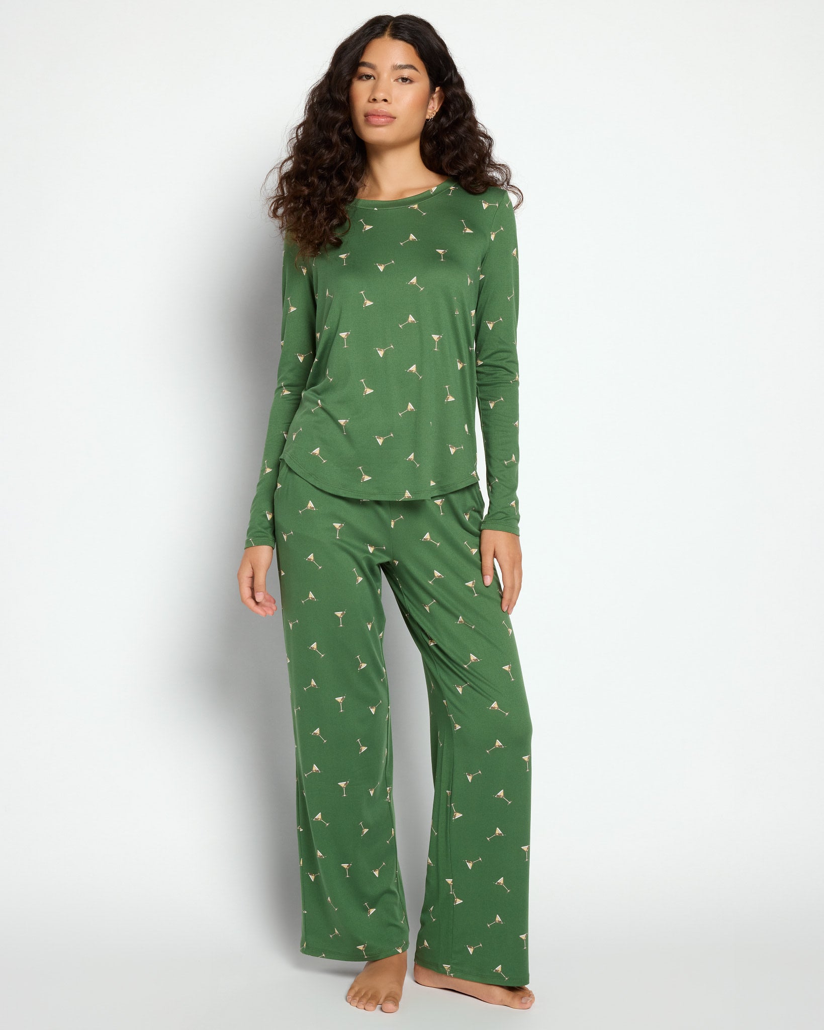 Dark Green Martini $|& Bobeau Sleepwear Printed Butter Knit Long Sleeve Top & Pant - SOF Front