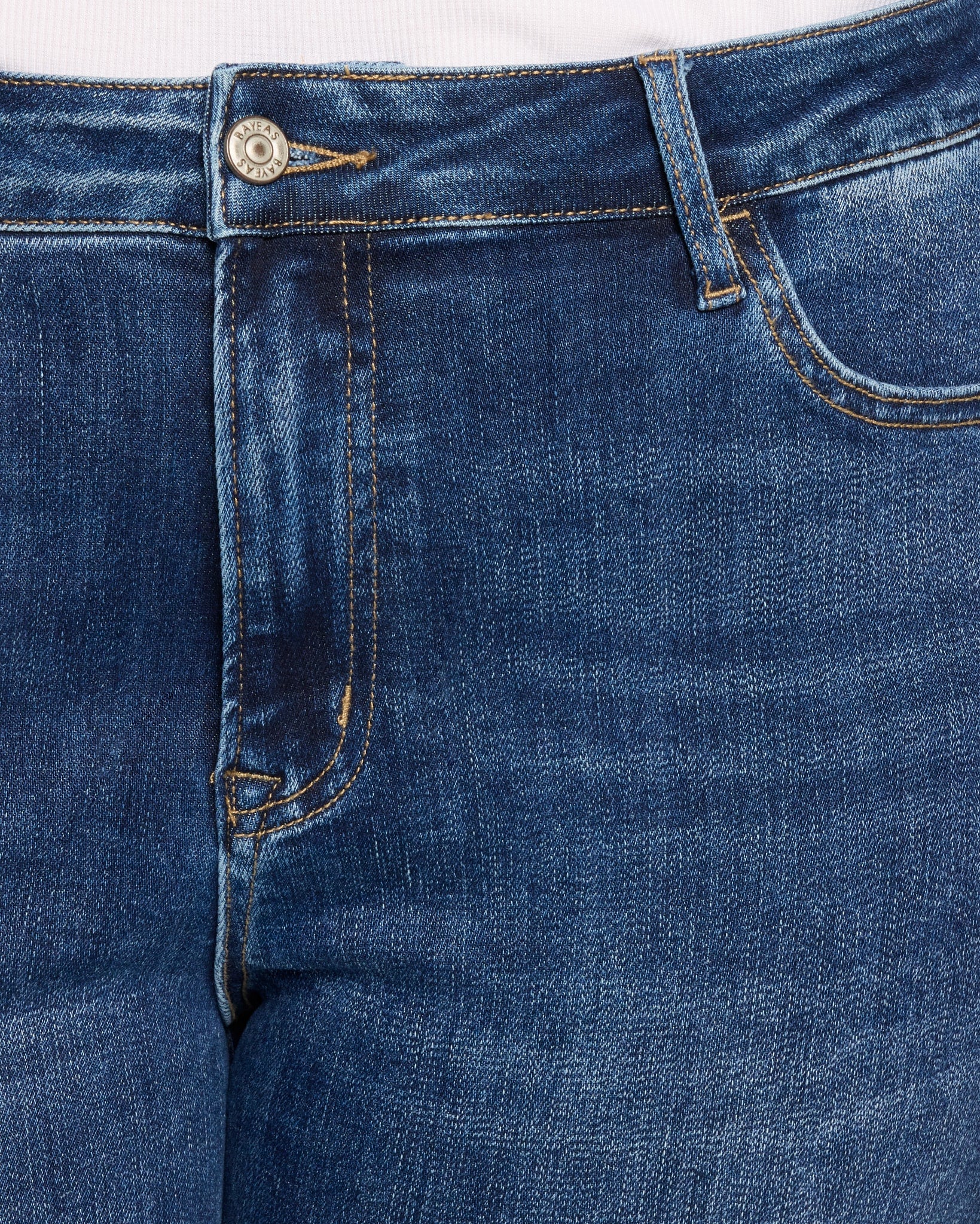 Dark Blue $|& Bayeas High Rise Straight Leg Jeans Wash Detail - SOF Full Front