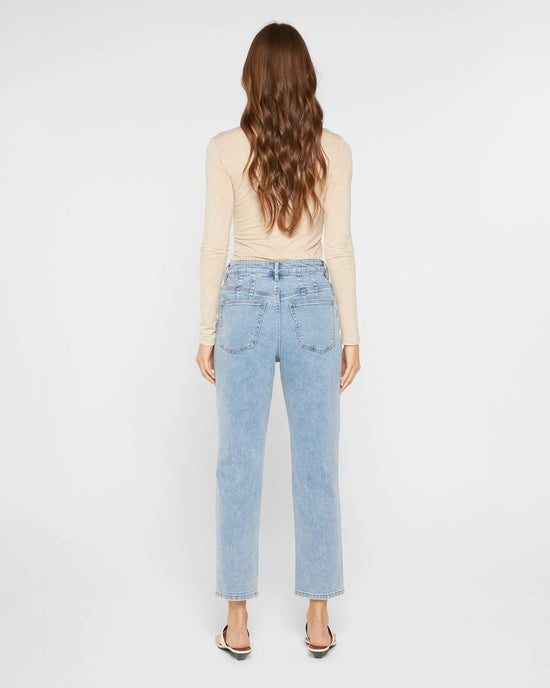 Tealish Blue $|& Mica Denim High Rise Distressed Mom Jean - Hanger Side