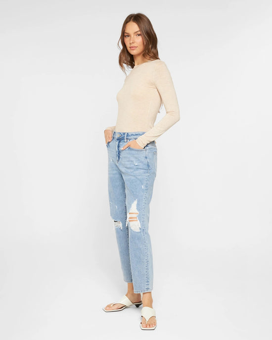 Tealish Blue $|& Mica Denim High Rise Distressed Mom Jean - Hanger Front