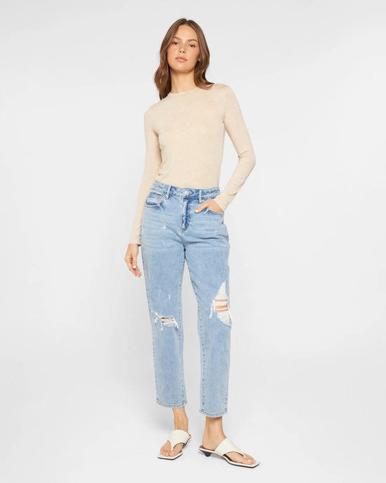 Tealish Blue $|& Mica Denim High Rise Distressed Mom Jean - VOF Detail