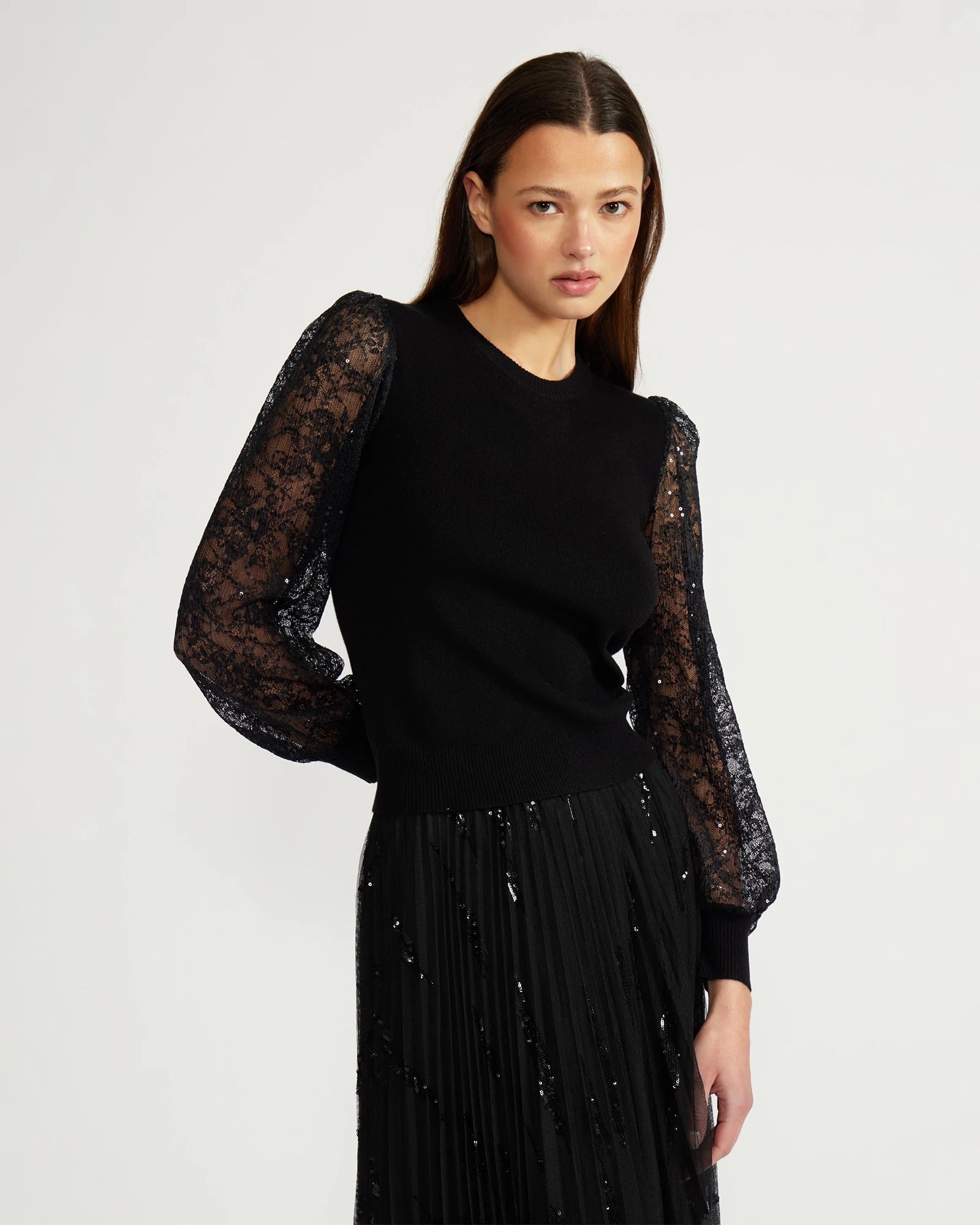 Black $|& Lucy Paris Tinsley Lace Sleeve Top - Hanger Front