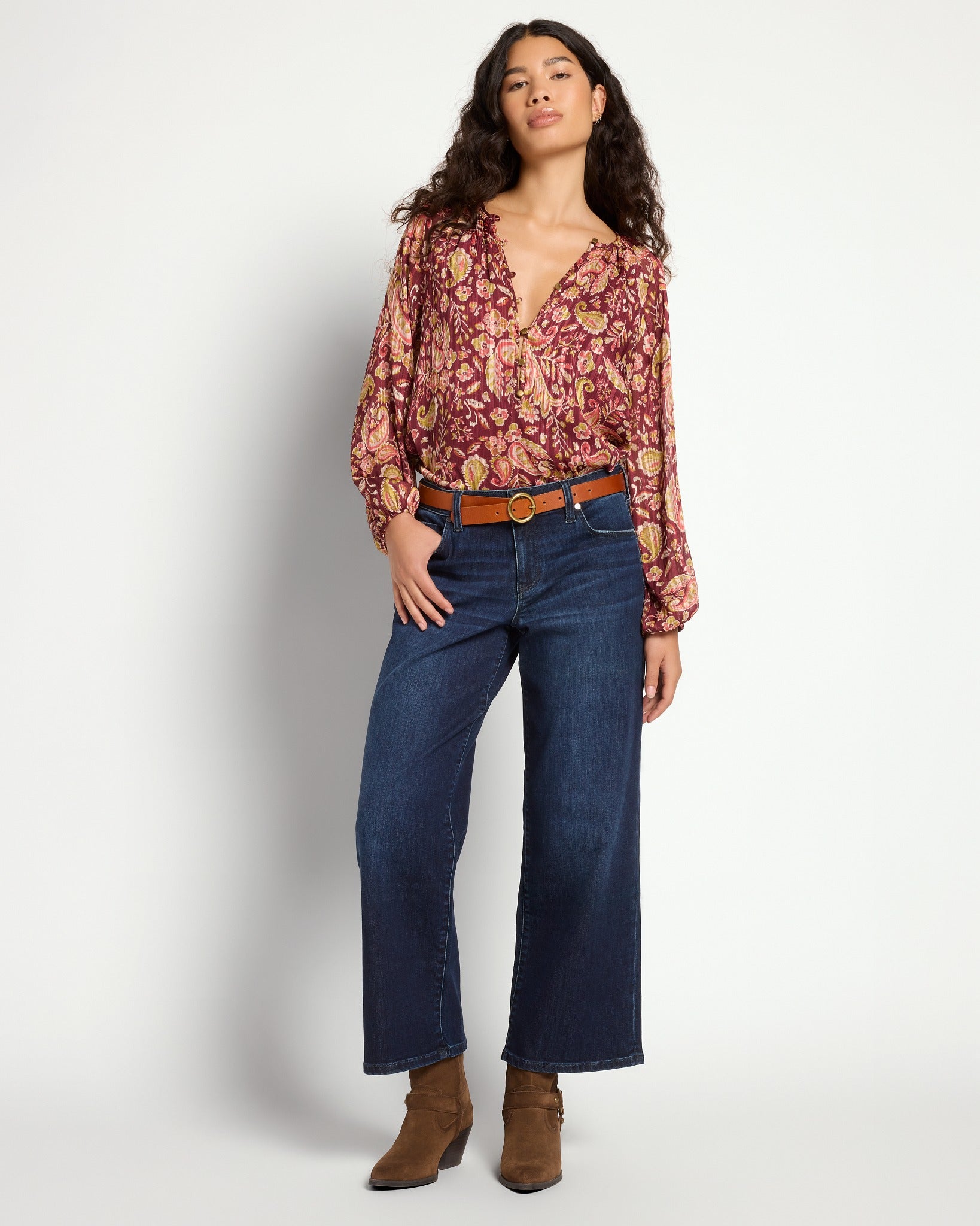 Wine $|& West Kei Floral Woven Top with Button Detail - UGC On Fig