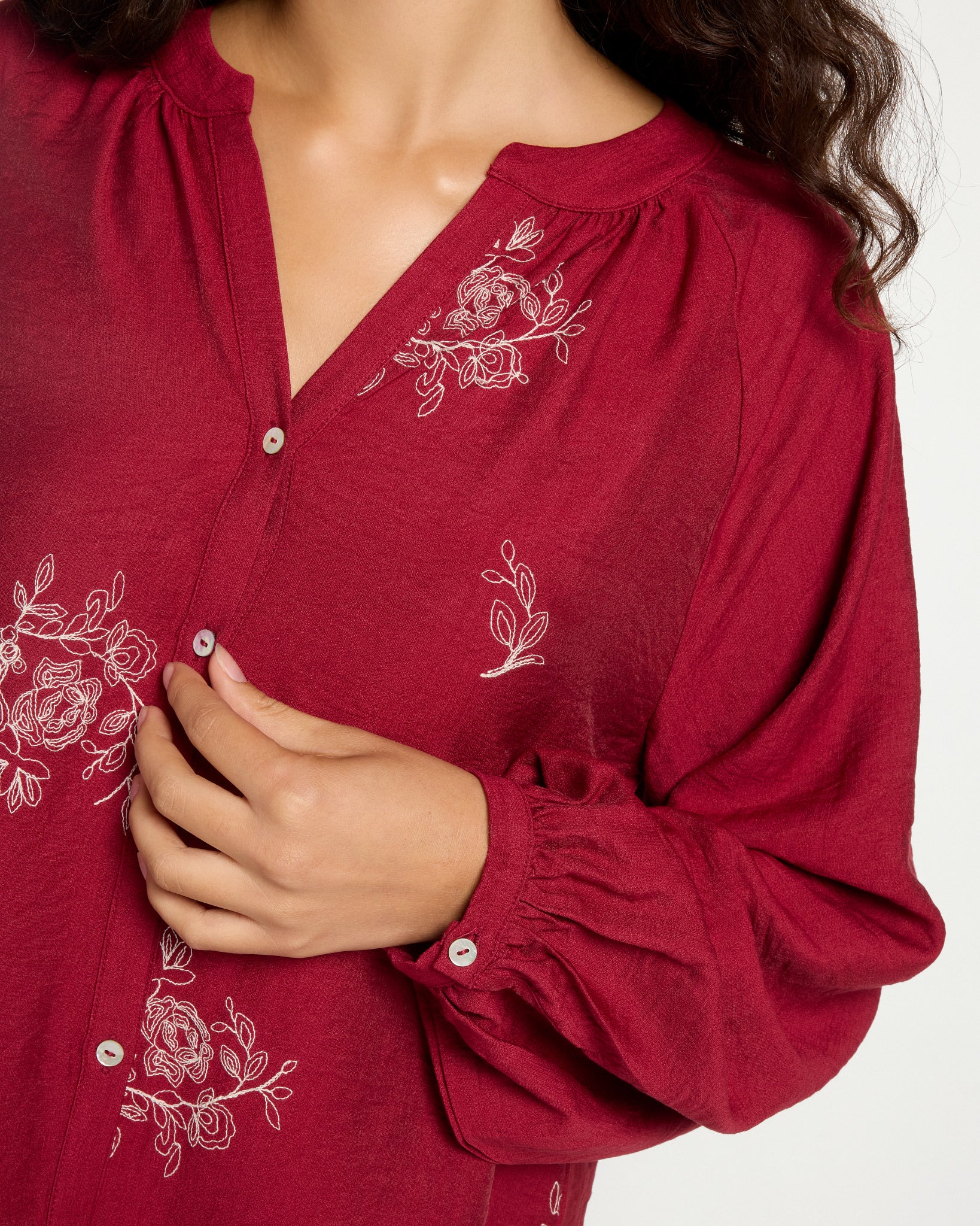Wine $|& West Kei Embroidered Woven Blouse - SOF Full Front