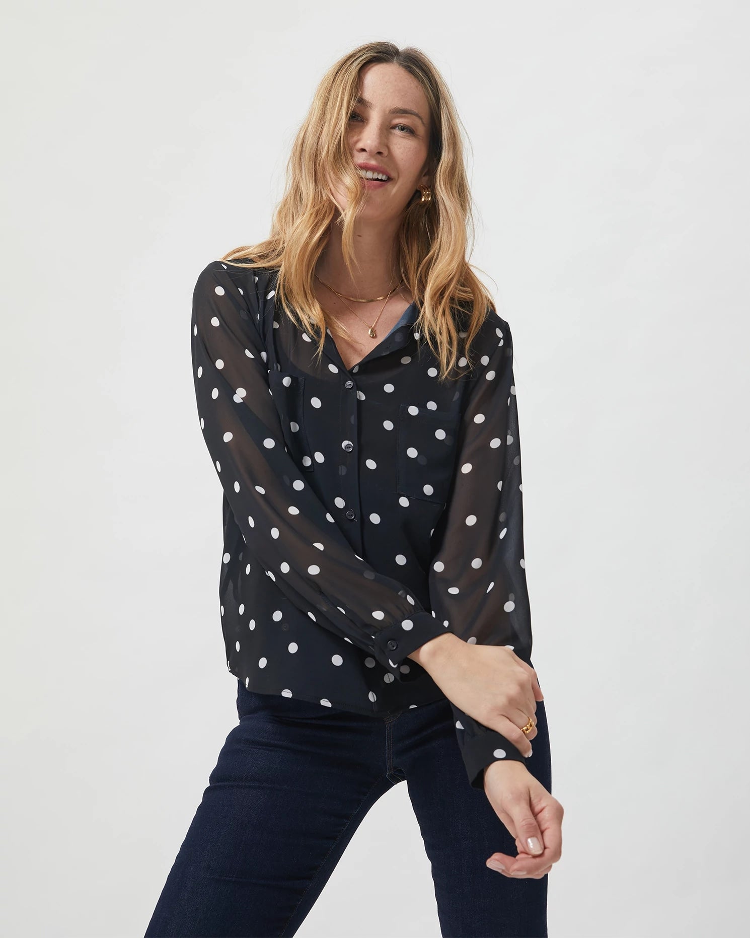 Black Polka Dot $|& West Kei Printed Woven Long Sleeve Blouse - VOF Detail