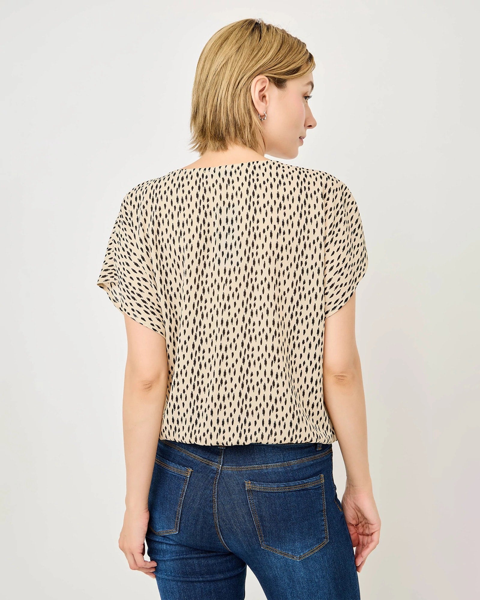 Beige Ikat $|& West Kei Printed Woven Short Sleeve Surplice Top - Hanger Side