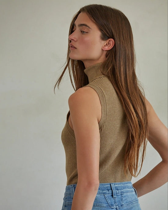 Brown $|& by together Ribbed Turtleneck Sleeveless Pullover - Hanger Side