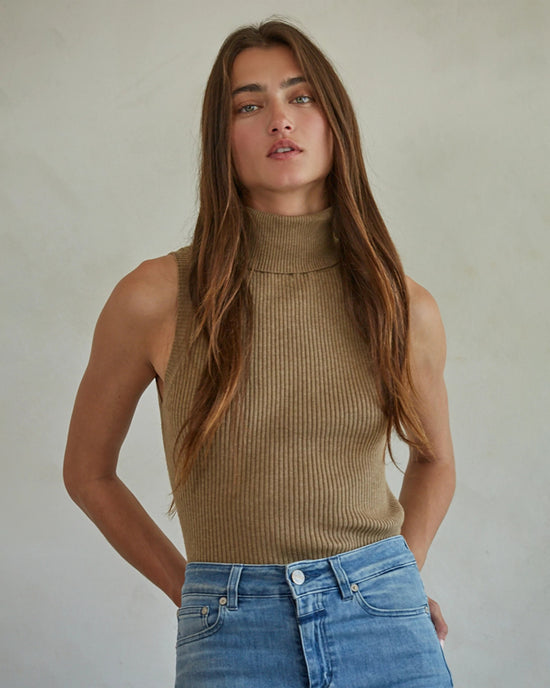 Brown $|& by together Ribbed Turtleneck Sleeveless Pullover - VOF Detail