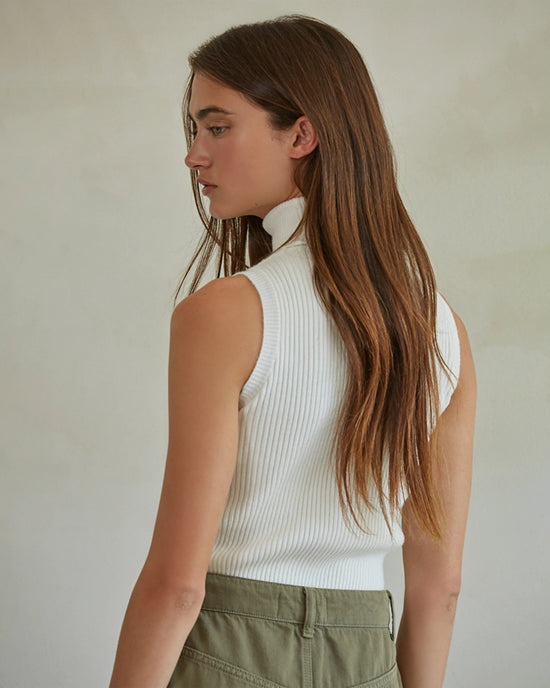 Off White $|& by together Ribbed Turtleneck Sleeveless Pullover - Hanger Side
