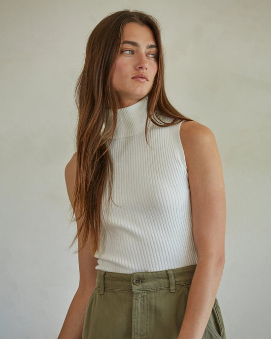 Off White $|& by together Ribbed Turtleneck Sleeveless Pullover - VOF Detail