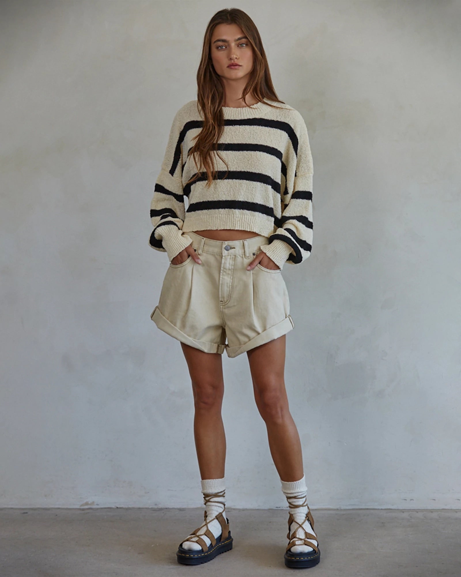 Natural/Black $|& by together Striped Drop Shoulder Crop Pullover - VOF Detail