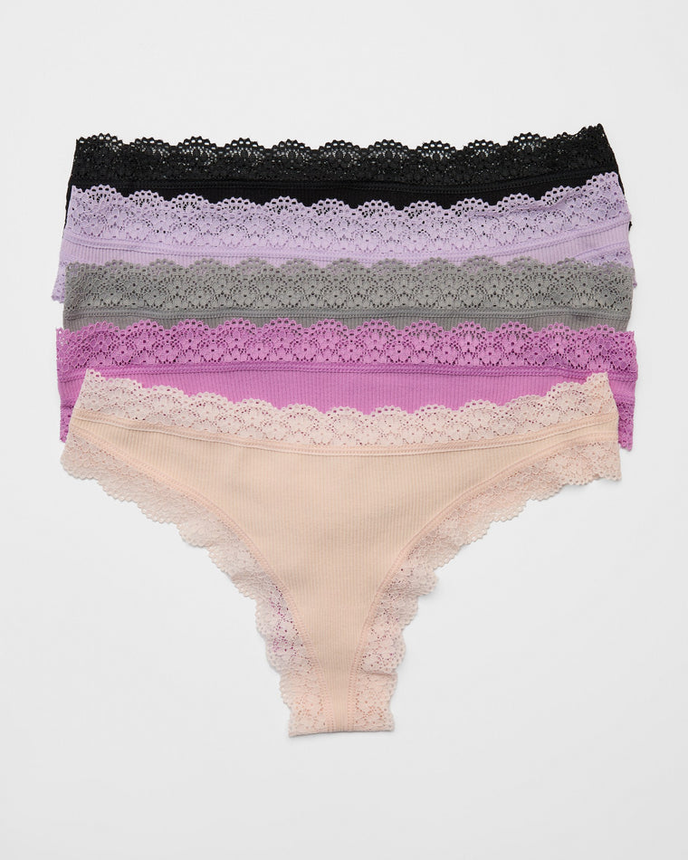 Violet Pack $|& real Underwear Seamless Ribbed Thong with Lace 5 Pack - Hanger Detail