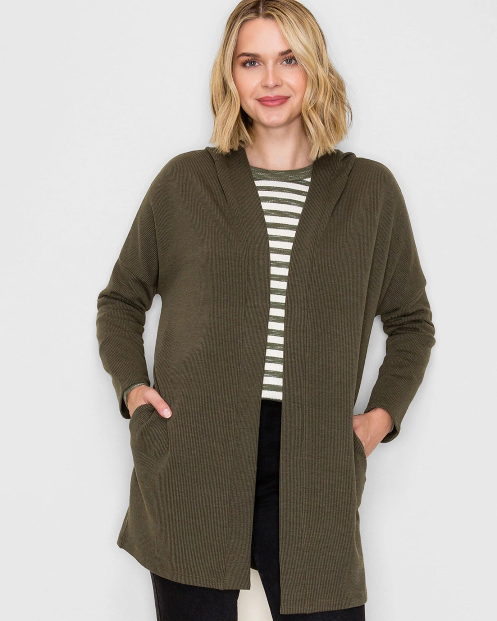 Olive $|& Staccato Monaco Ribbed Duster Hoodie Cardigan - VOF Detail