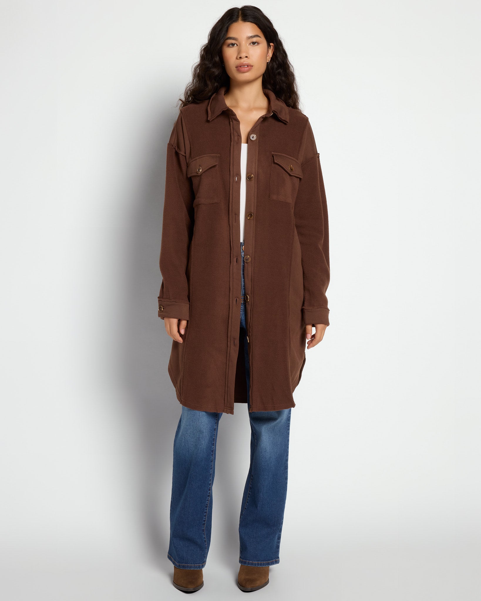 Brown $|& Hem & Thread Fleece Longline Shacket - UGC On Fig