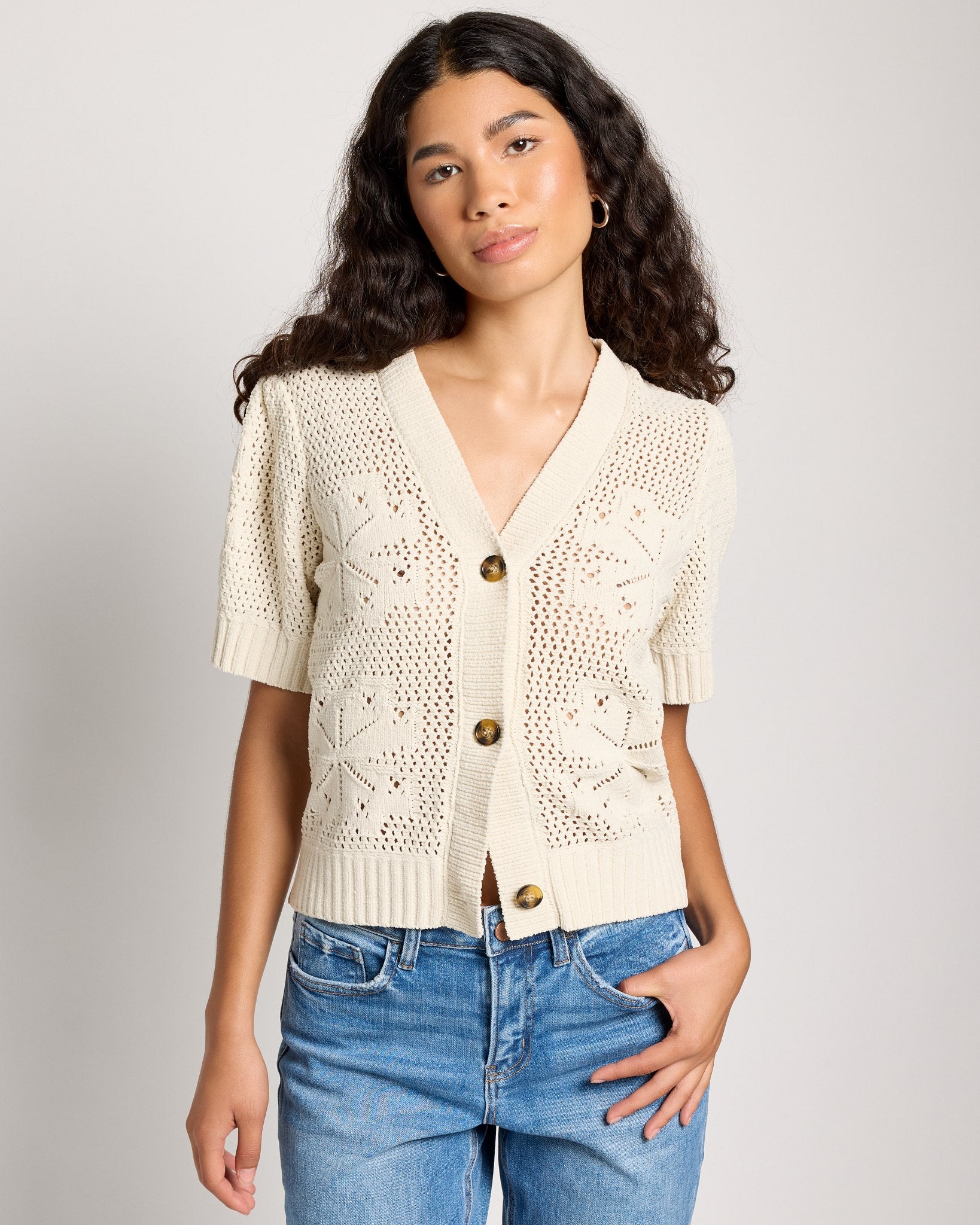Cream $|& Bobeau Button Front Sweater Top - SOF Front