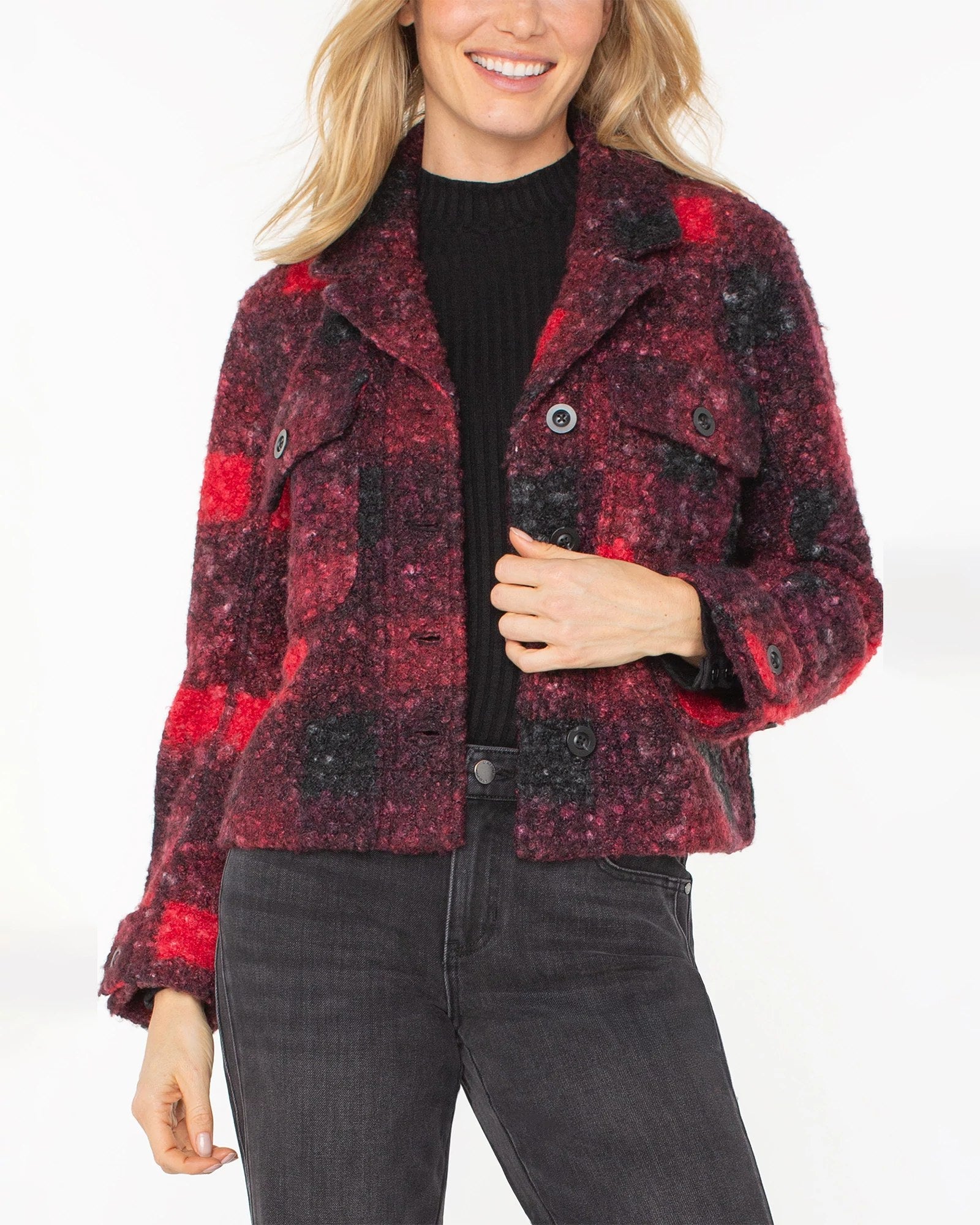 Red/Black Buffalo Check $|& Liverpool Button Front Boxy Shacket - VOF Detail