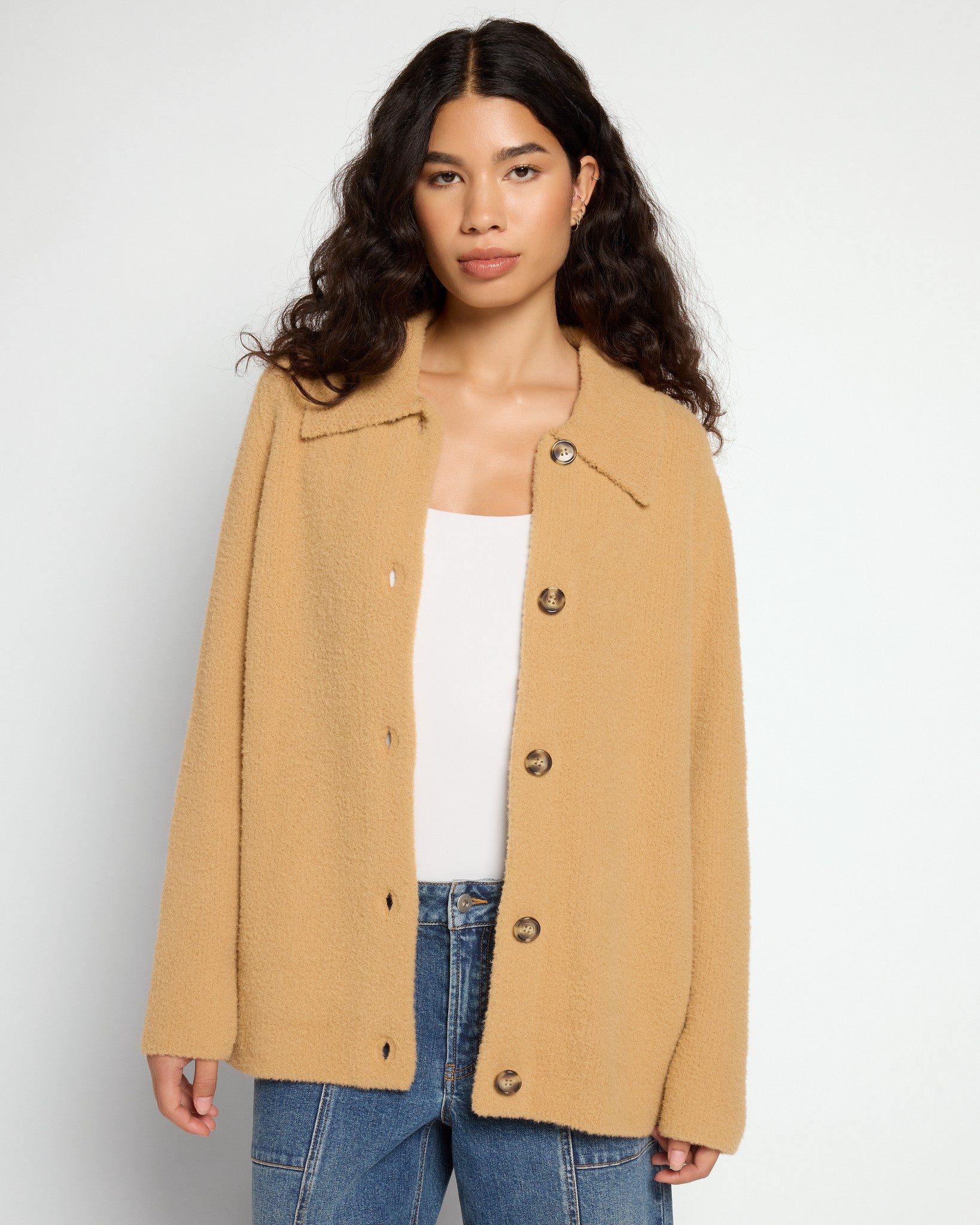 Camel $|& Theo & Spence Essential Cozy Shacket - SOF Front