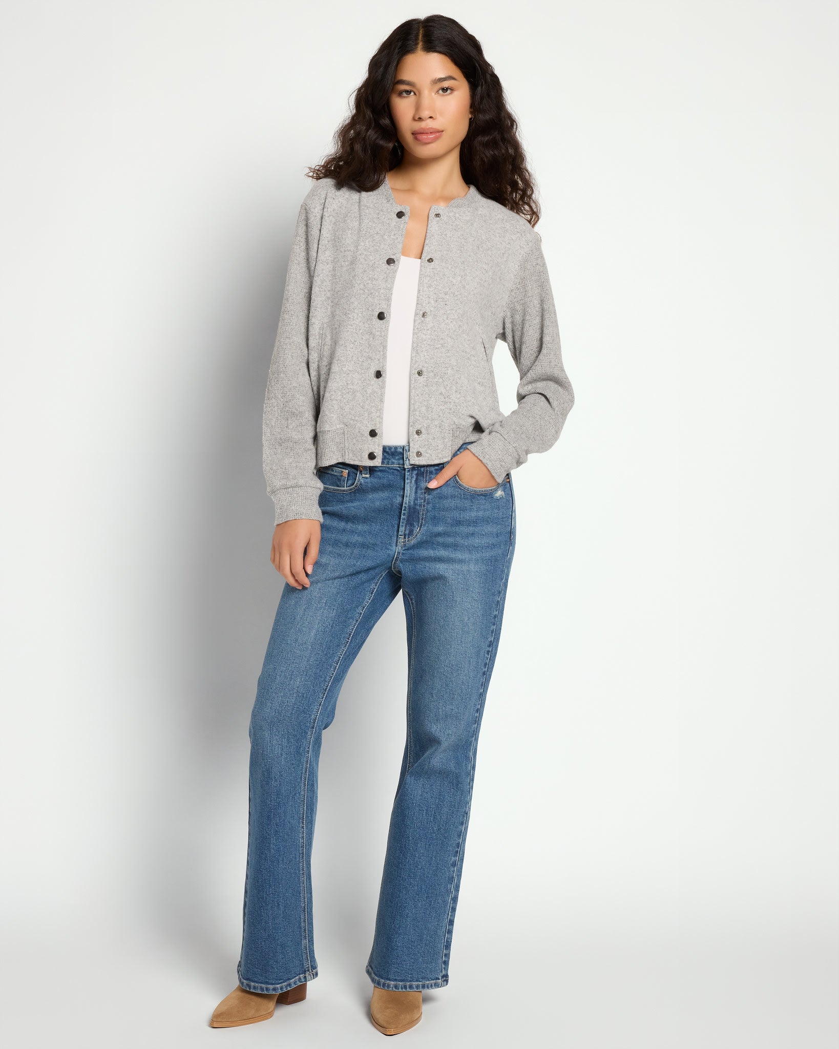 Heather Grey $|& Theo & Spence Brushed Knit Bomber Jacket - UGC On Fig