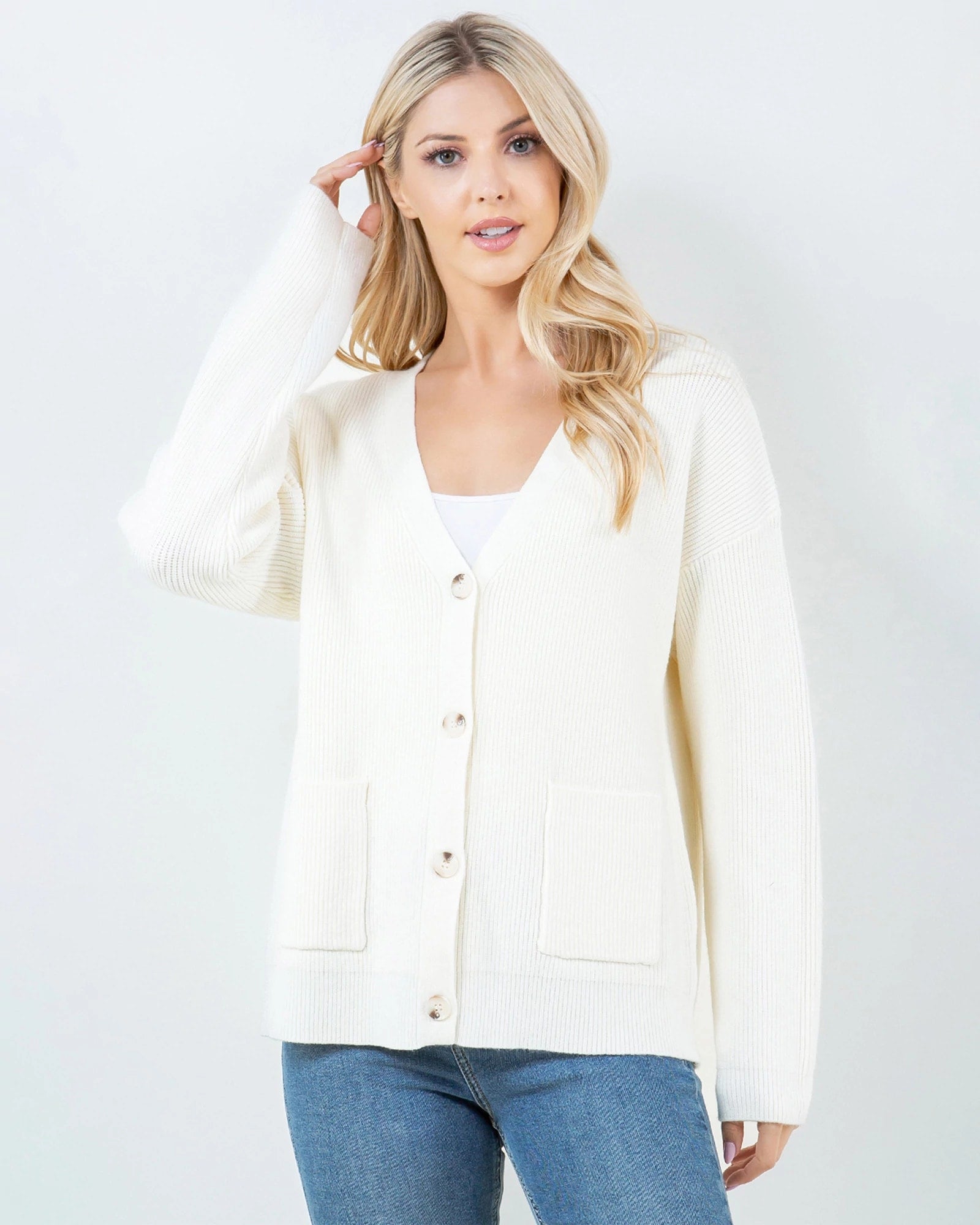 Ivory $|& Dreamers Button Up Pocket Cardigan - VOF Detail