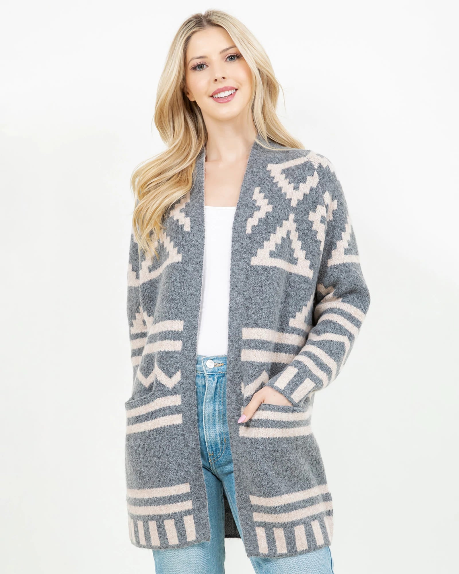 Charcoal $|& Dreamers Southwest Pattern Long Cardigan - VOF Detail
