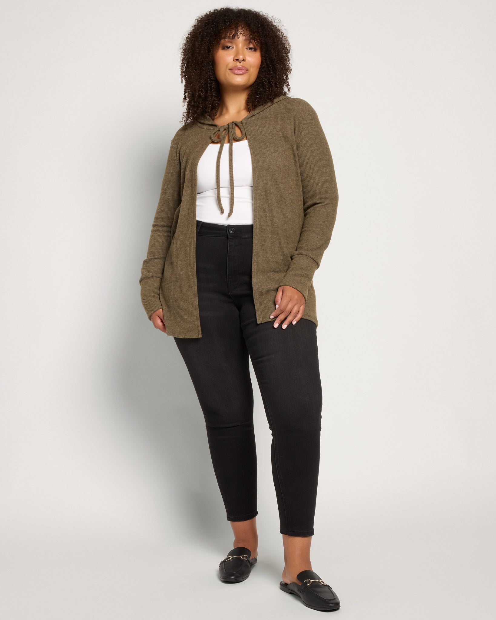 Olive $|& Loveappella Hooded Cardigan with Tie Front - UGC On Fig