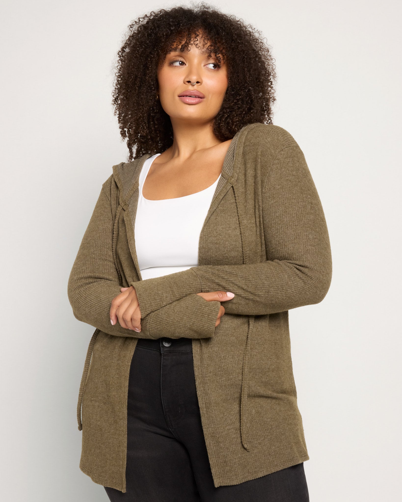 Olive $|& Loveappella Hooded Cardigan with Tie Front - SOF Front